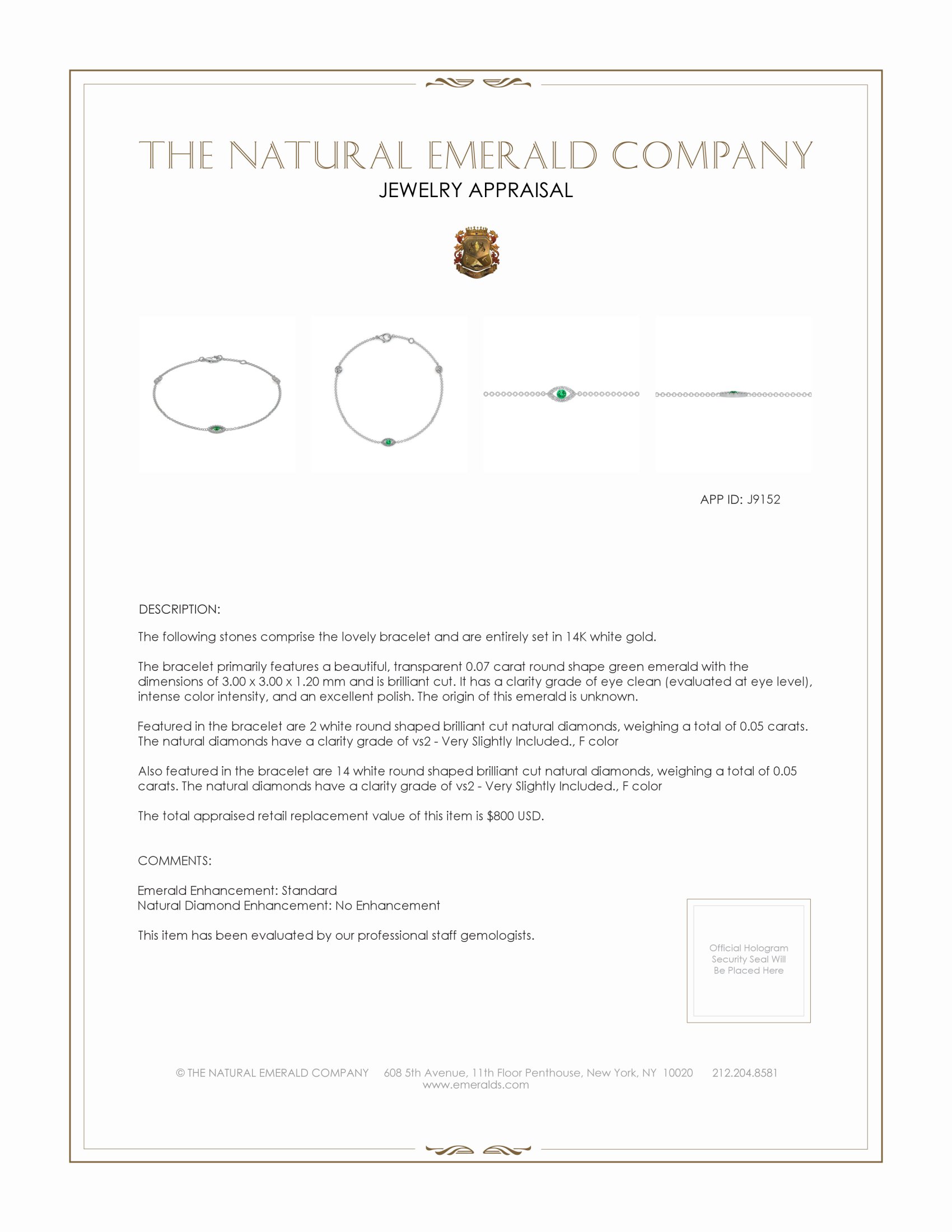 0.07 Ct.Tw. Emerald and Natural Diamond Pave Bracelet, 14K White Gold