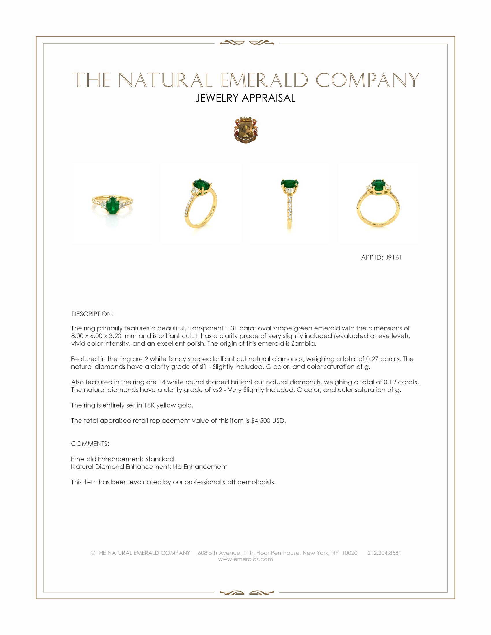 1.31 Ct. Emerald and Natural Diamond Three Stone Ring, 18K Yellow Gold