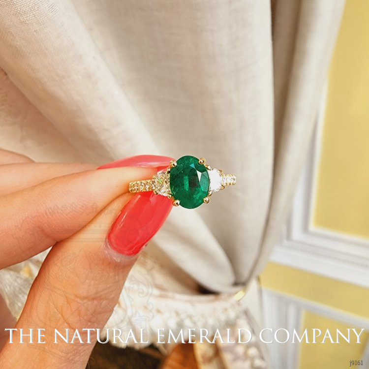 1.31 Ct. Emerald Natural Diamond Three Stone Ring, 18K Yellow Gold