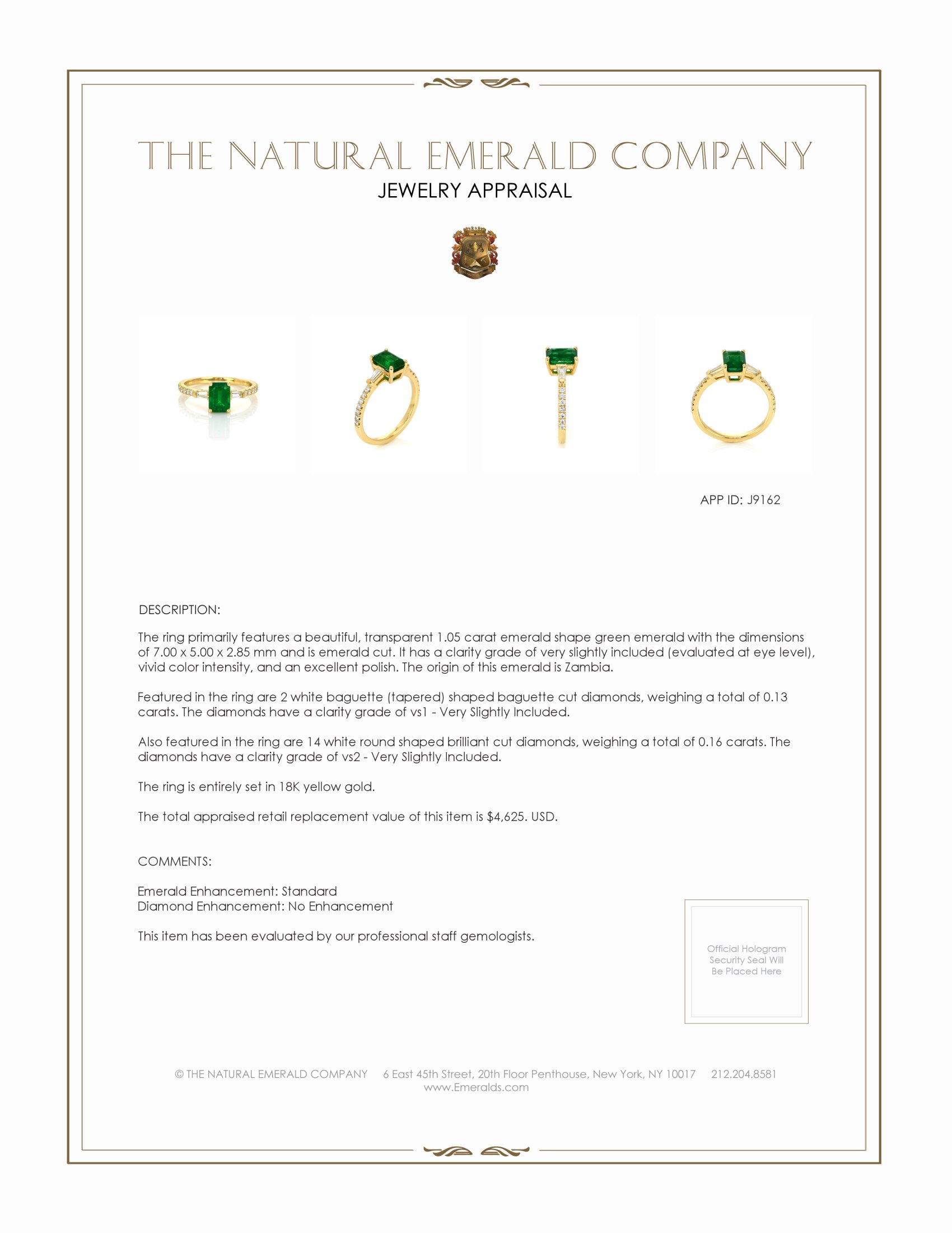 1.05 Ct. Emerald Natural Diamond Three Stone Ring, 18K Yellow Gold