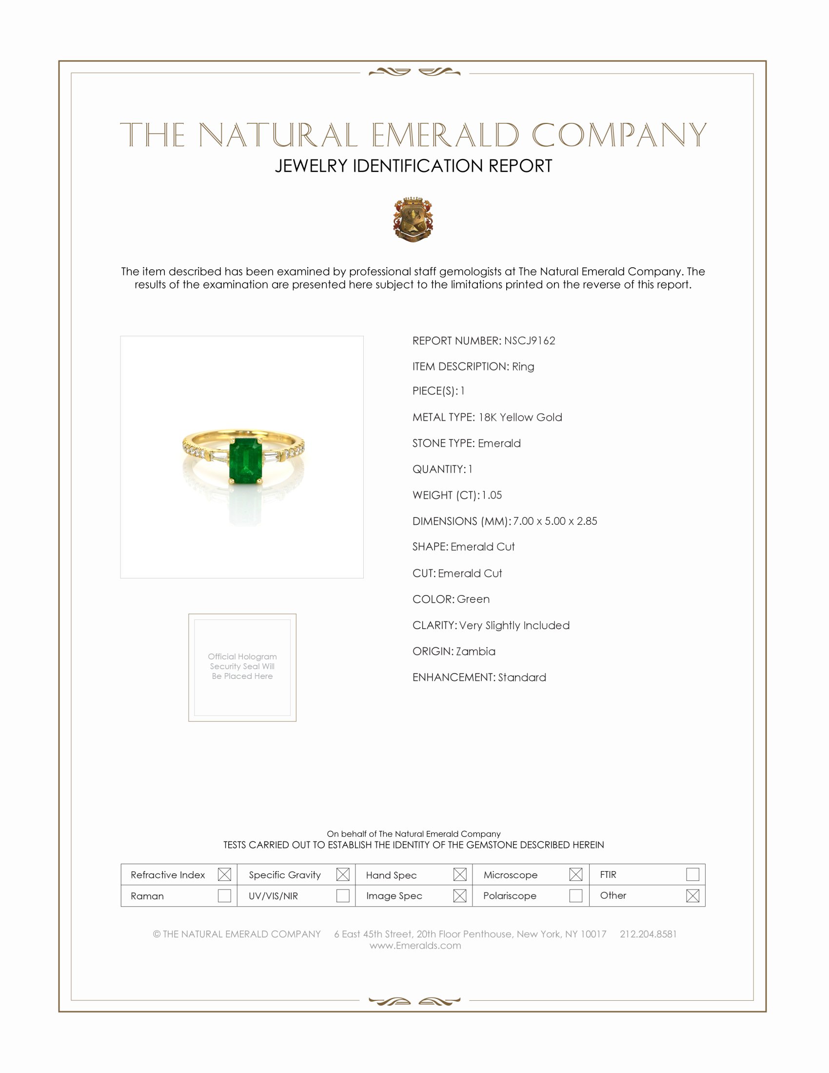 1.05 Ct. Emerald and Natural Diamond Three Stone Ring, 18K Yellow Gold