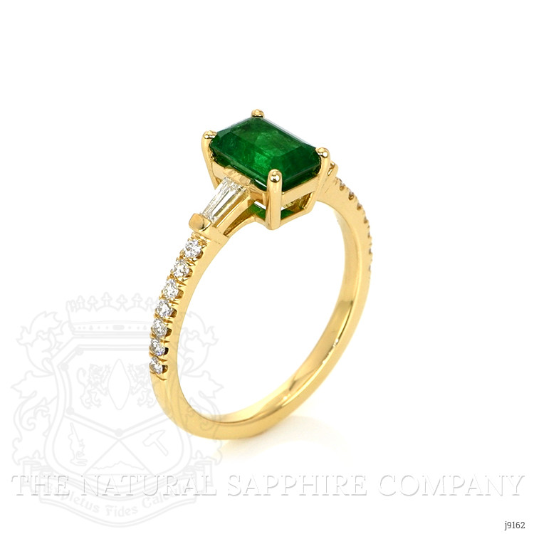 1.05 Ct. Emerald Natural Diamond Three Stone Ring, 18K Yellow Gold
