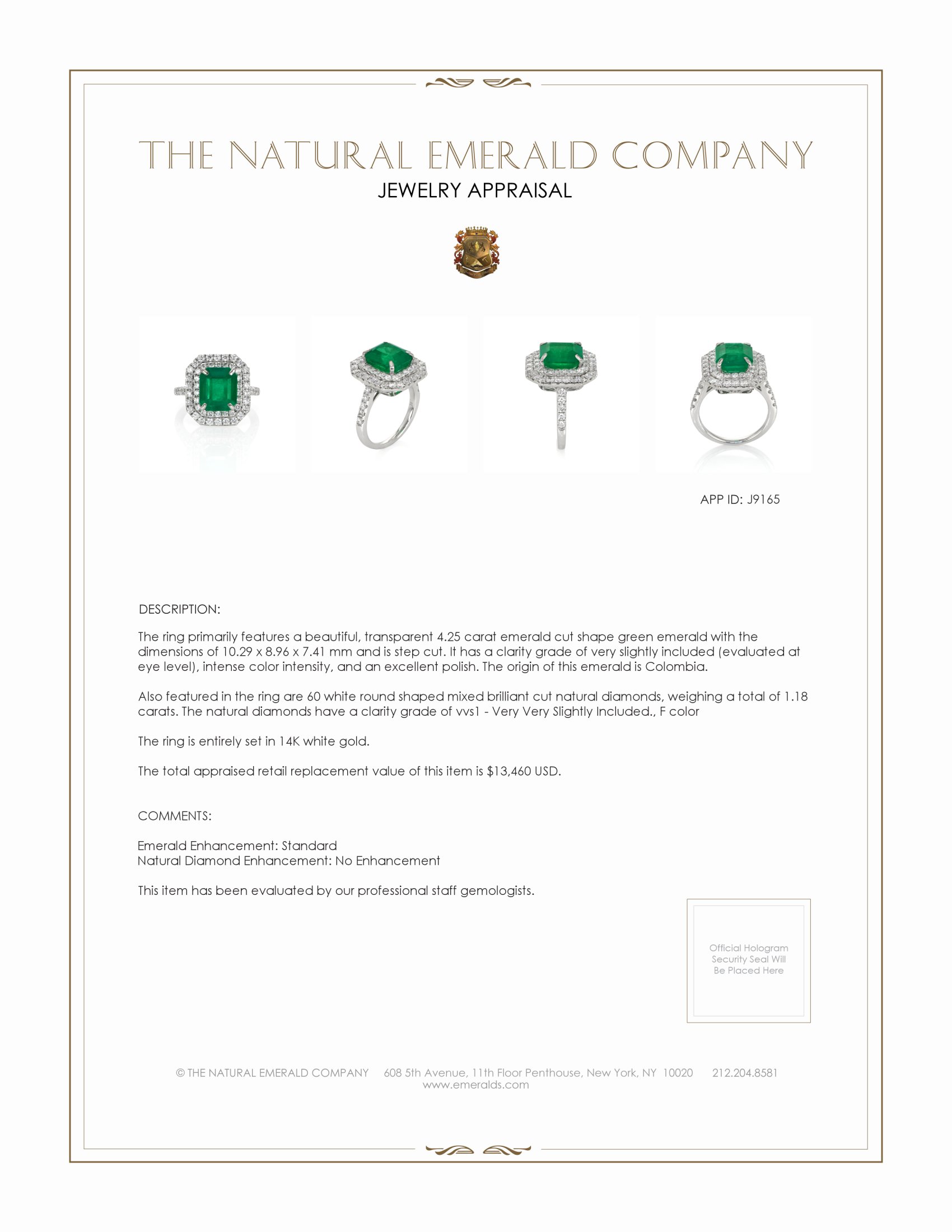 4.25 Ct. Emerald and Natural Diamond Pave Ring, 14K White Gold