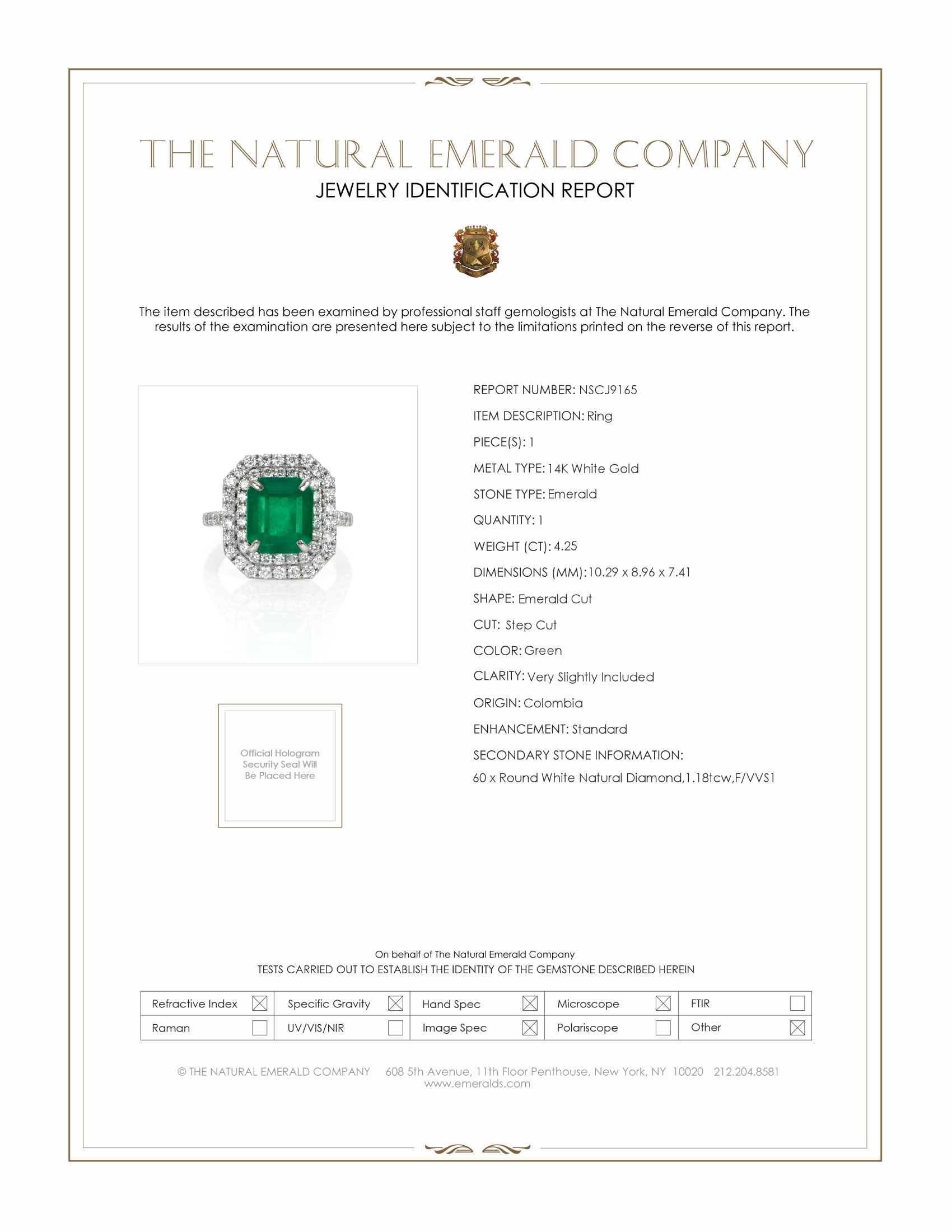 4.25 Ct. Emerald and Natural Diamond Pave Ring, 14K White Gold