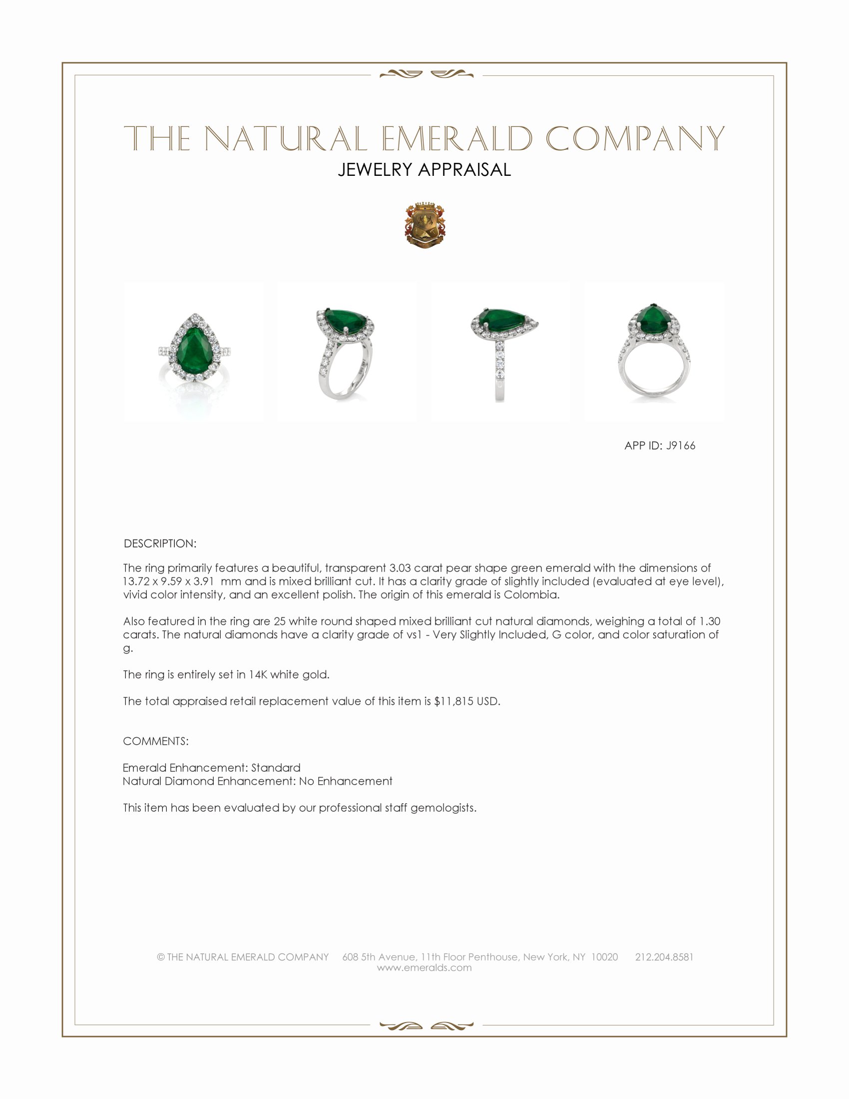 3.03 Ct. Emerald and Natural Diamond Pave Ring, 14K White Gold
