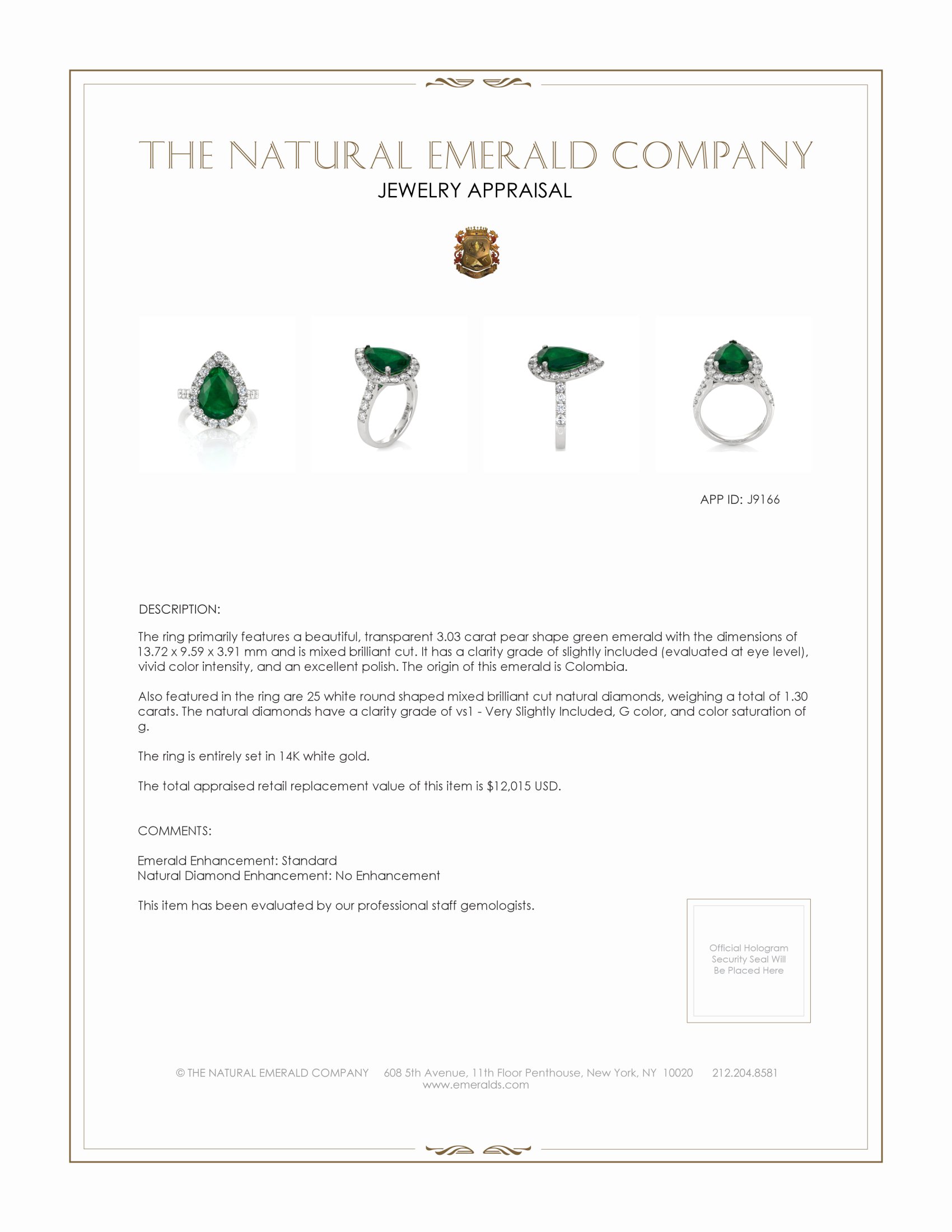 3.03 Ct. Emerald Natural Diamond Pave Ring, 14K White Gold