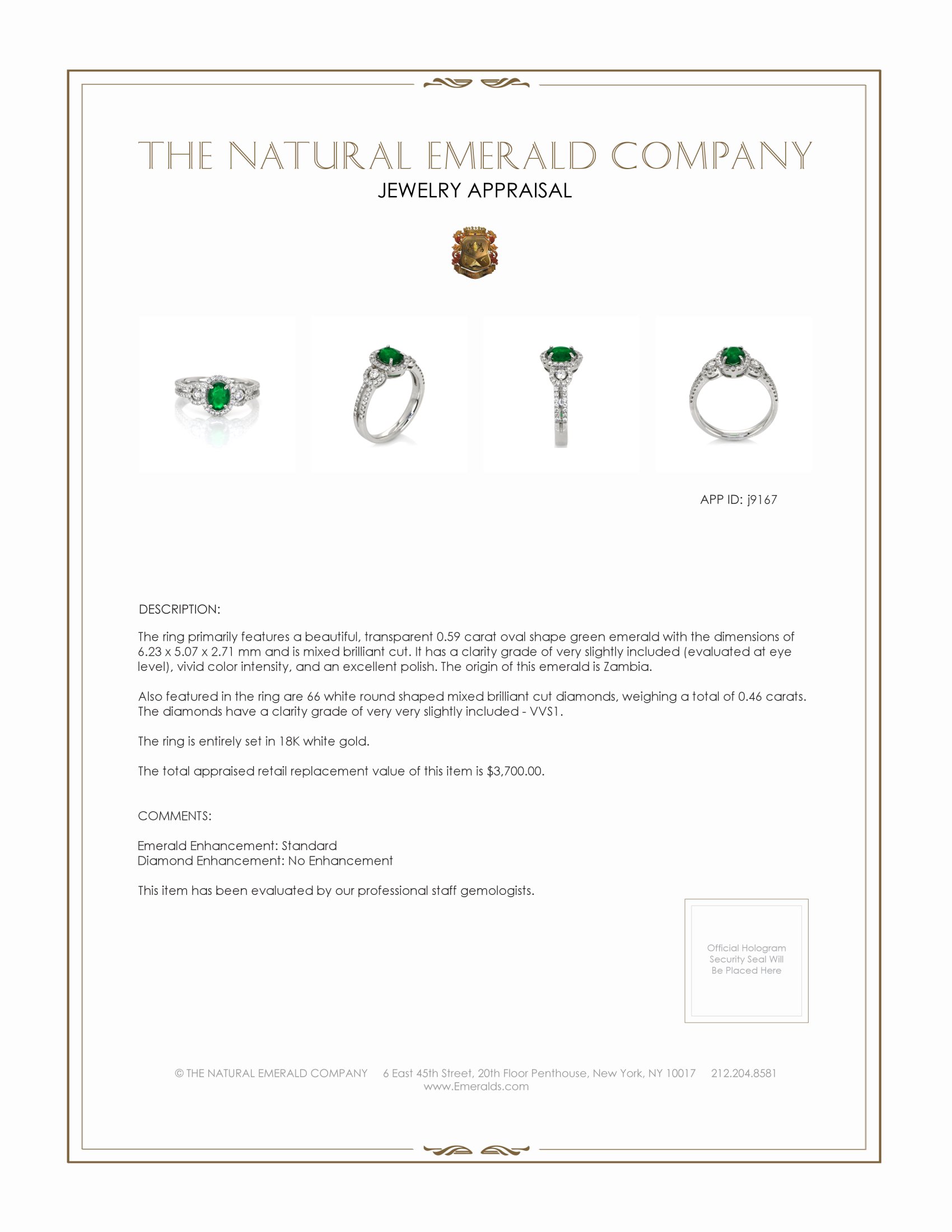 0.59 Ct. Emerald and Natural Diamond Ring, 18K White Gold