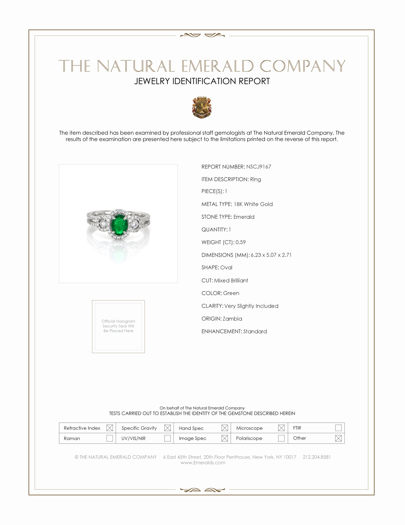 0.59 Ct. Emerald and Natural Diamond Ring, 18K White Gold
