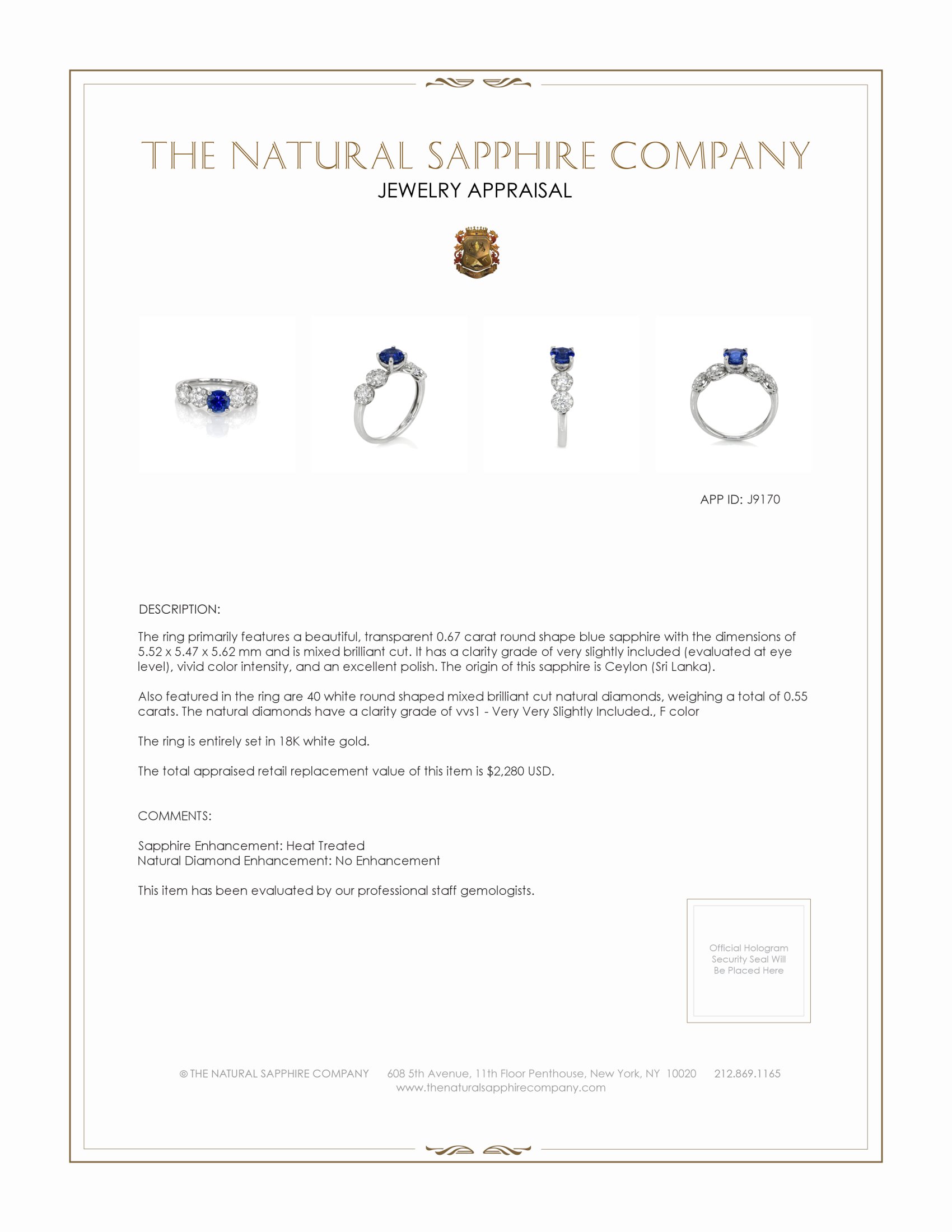 0.67 Ct. Blue Sapphire and Natural Diamond Antique Style Ring, 18K White Gold