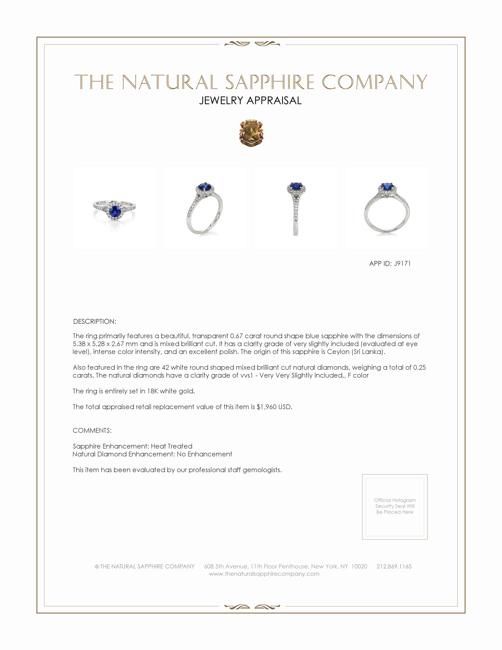 0.67 Ct. Blue Sapphire and Natural Diamond Pave Ring, 18K White Gold