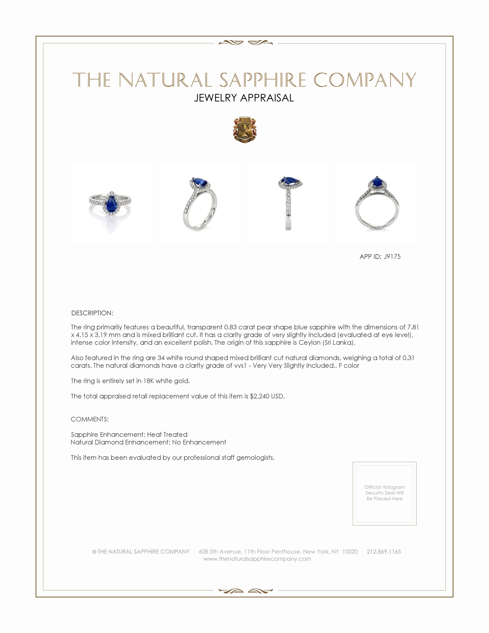 0.83 Ct. Blue Sapphire and Natural Diamond Pave Ring, 18K White Gold