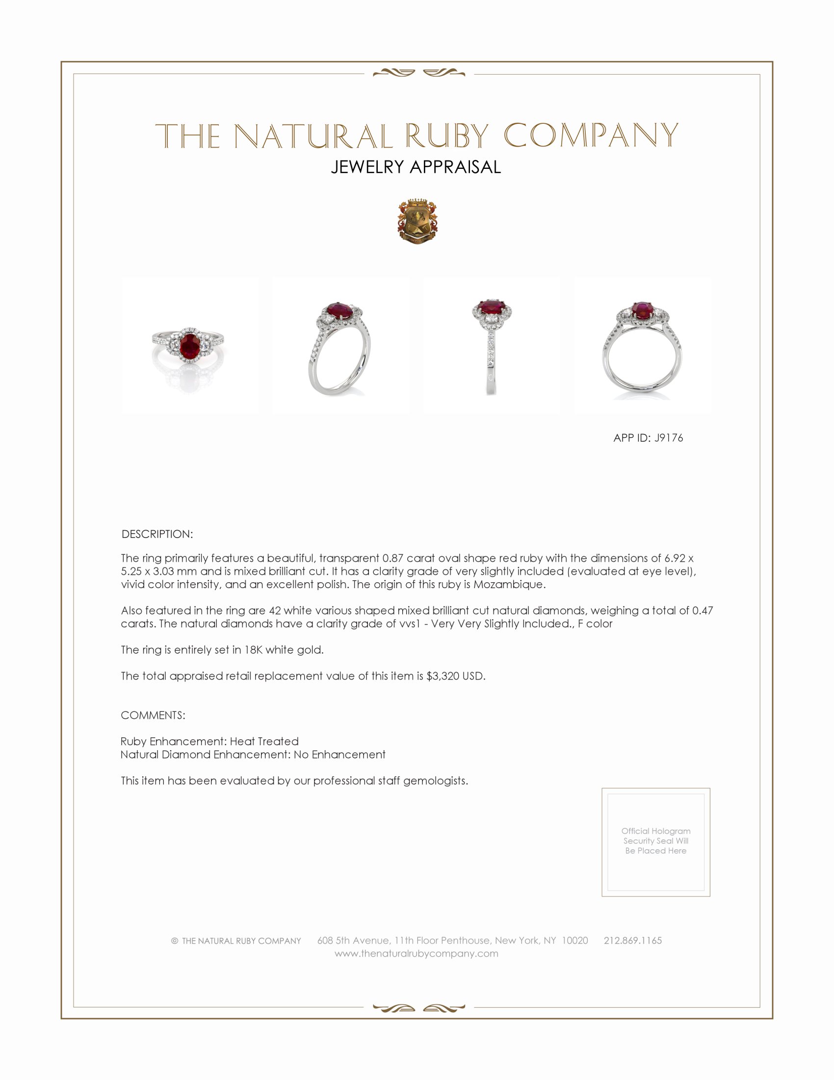 0.87 Ct. Ruby Natural Diamond Halo Ring, 18K White Gold