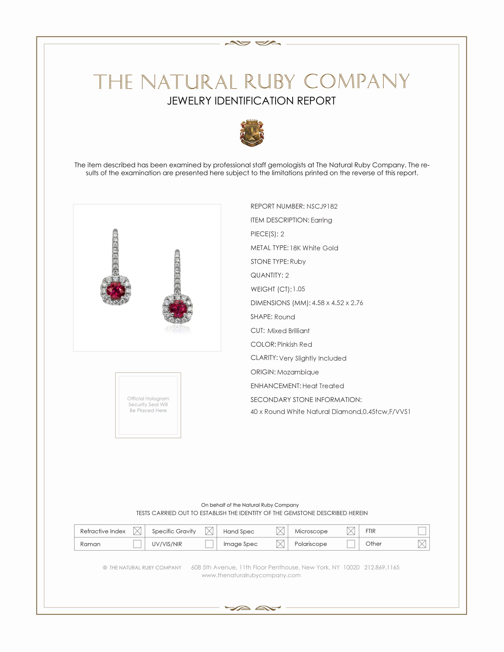 1.05 Ct.Tw. Pinkish Red Ruby and Natural Diamond Pave Earrings, 18K White Gold