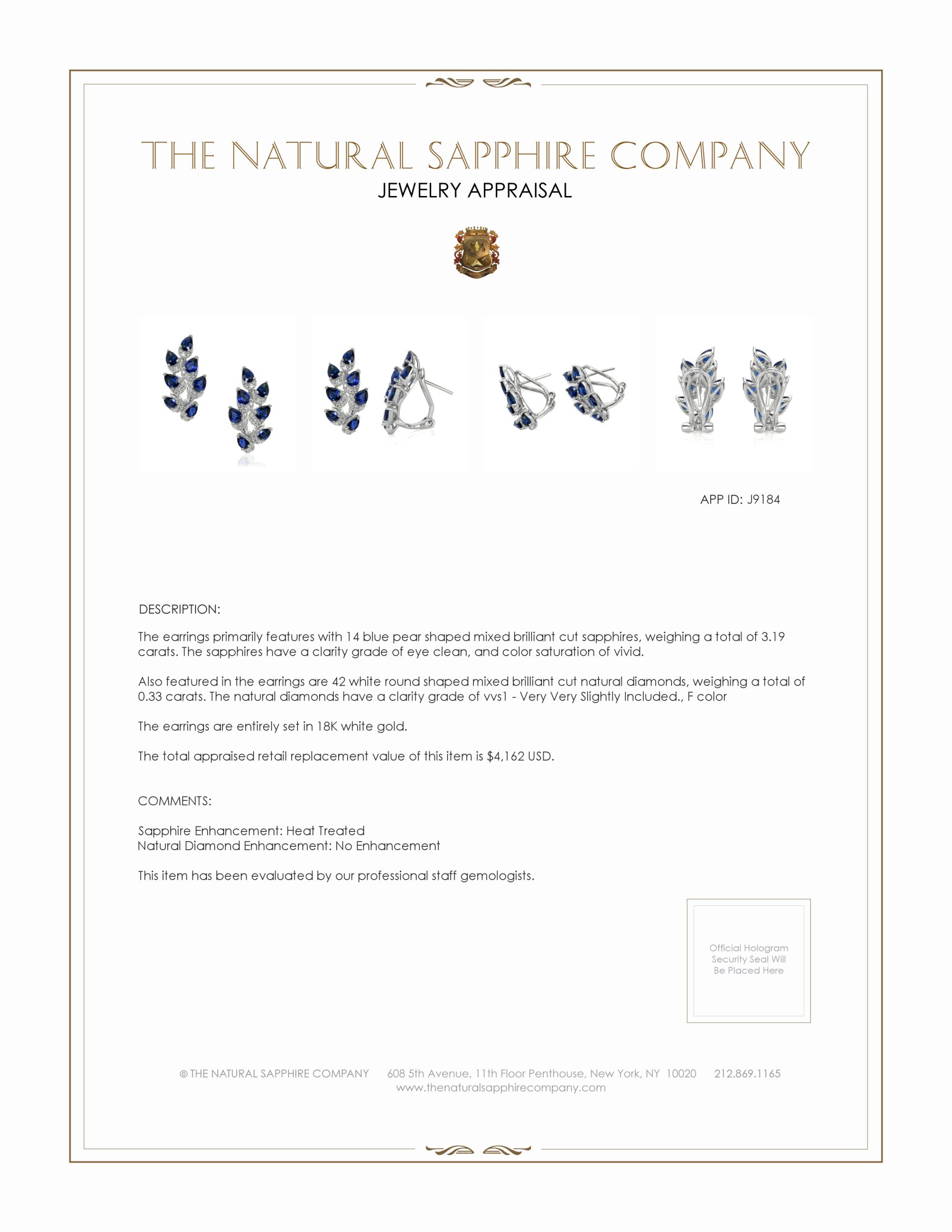 3.19 Ct.Tw. Blue Sapphire and Natural Diamond Antique Style Earrings, 18K White Gold