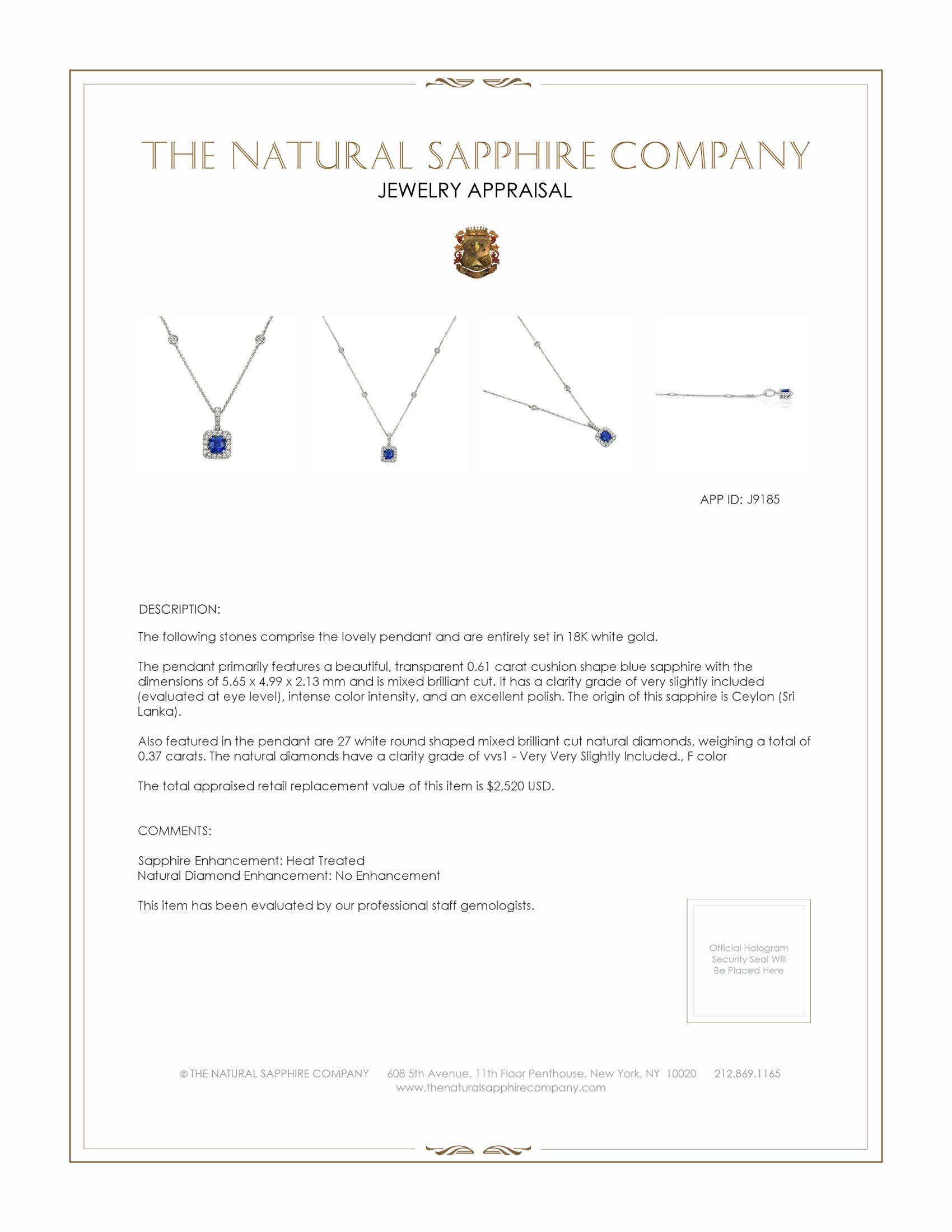 0.61 Ct. Blue Sapphire and Natural Diamond Pave Pendant, 18K White Gold