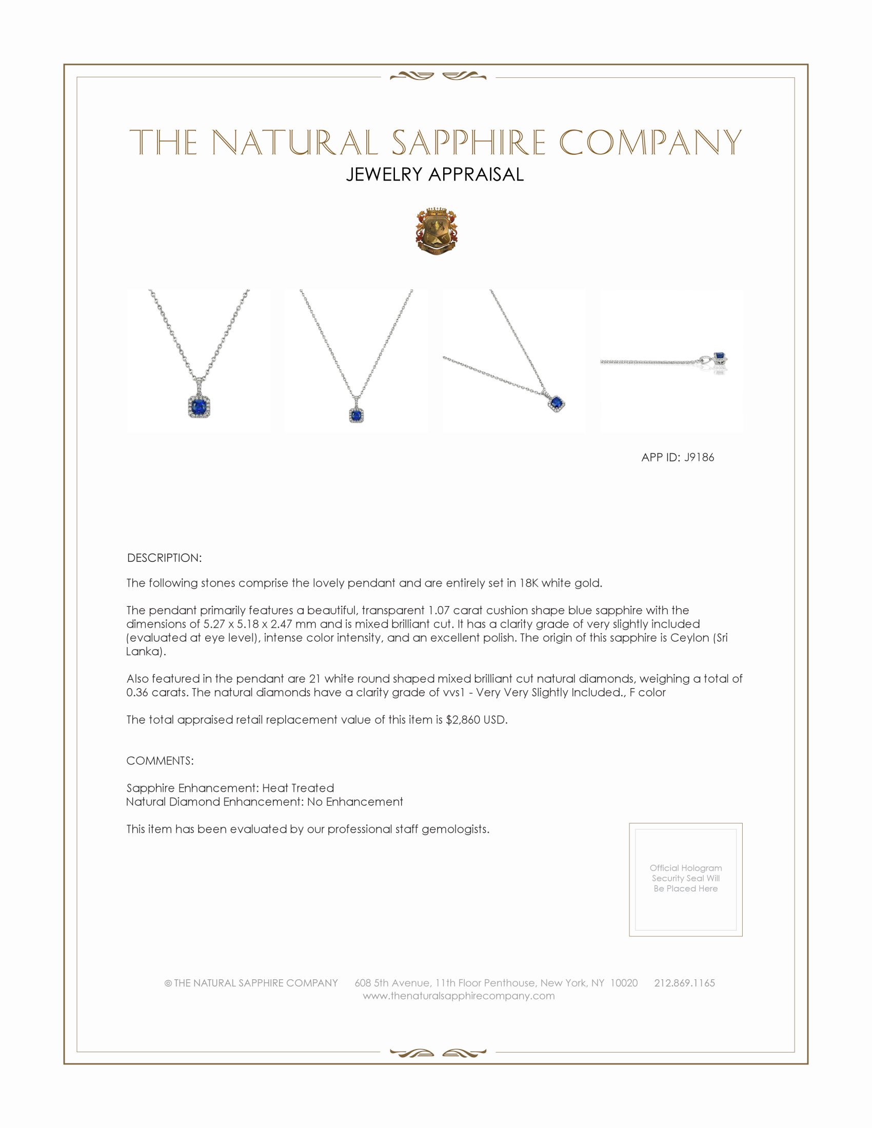 1.07 Ct. Blue Sapphire and Natural Diamond Pave Pendant, 18K White Gold