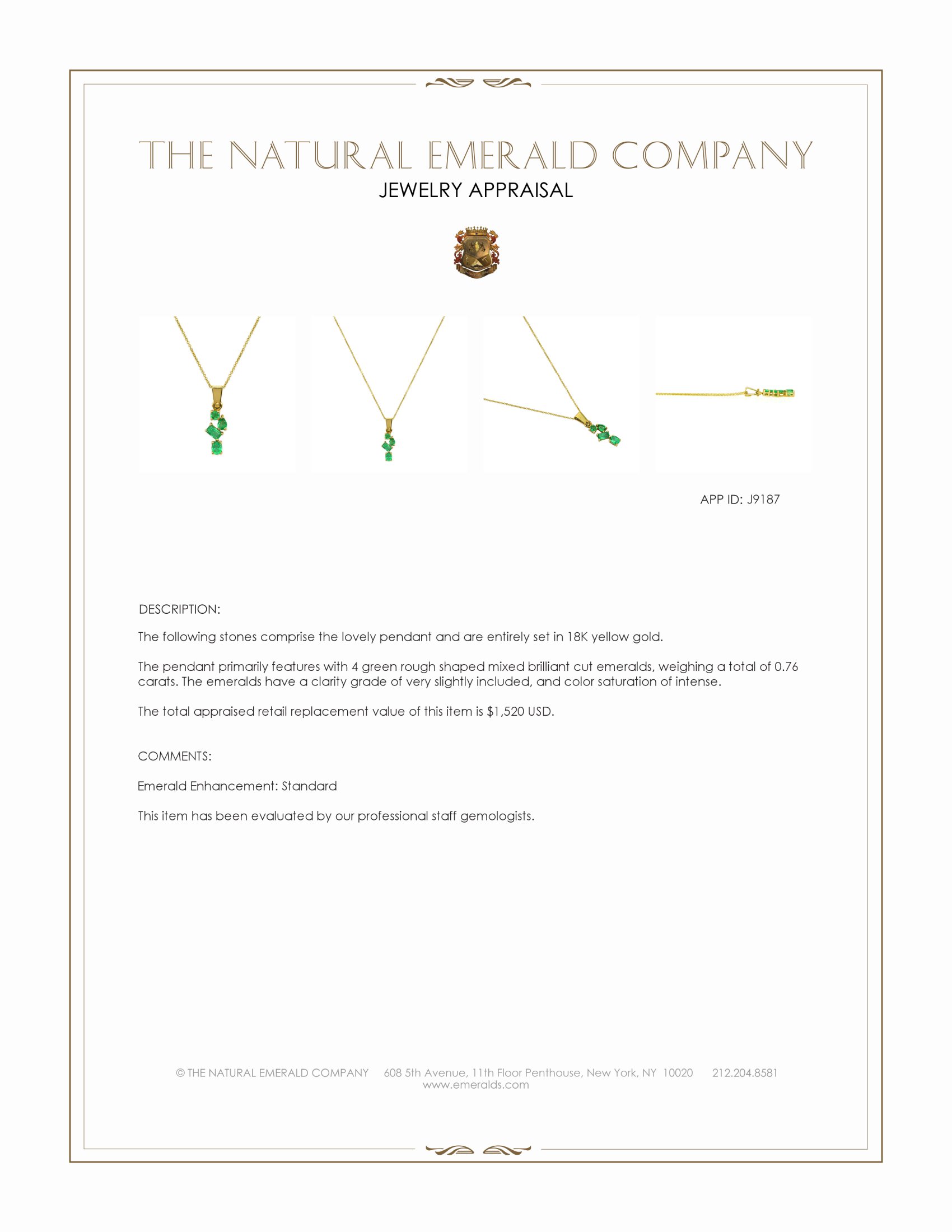 0.76 Ct. Emerald Pendant, 18K Yellow Gold