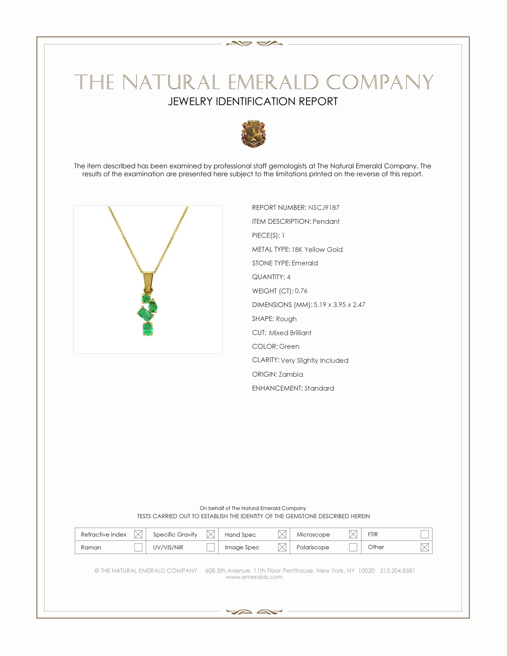 0.76 Ct. Emerald Pendant, 18K Yellow Gold