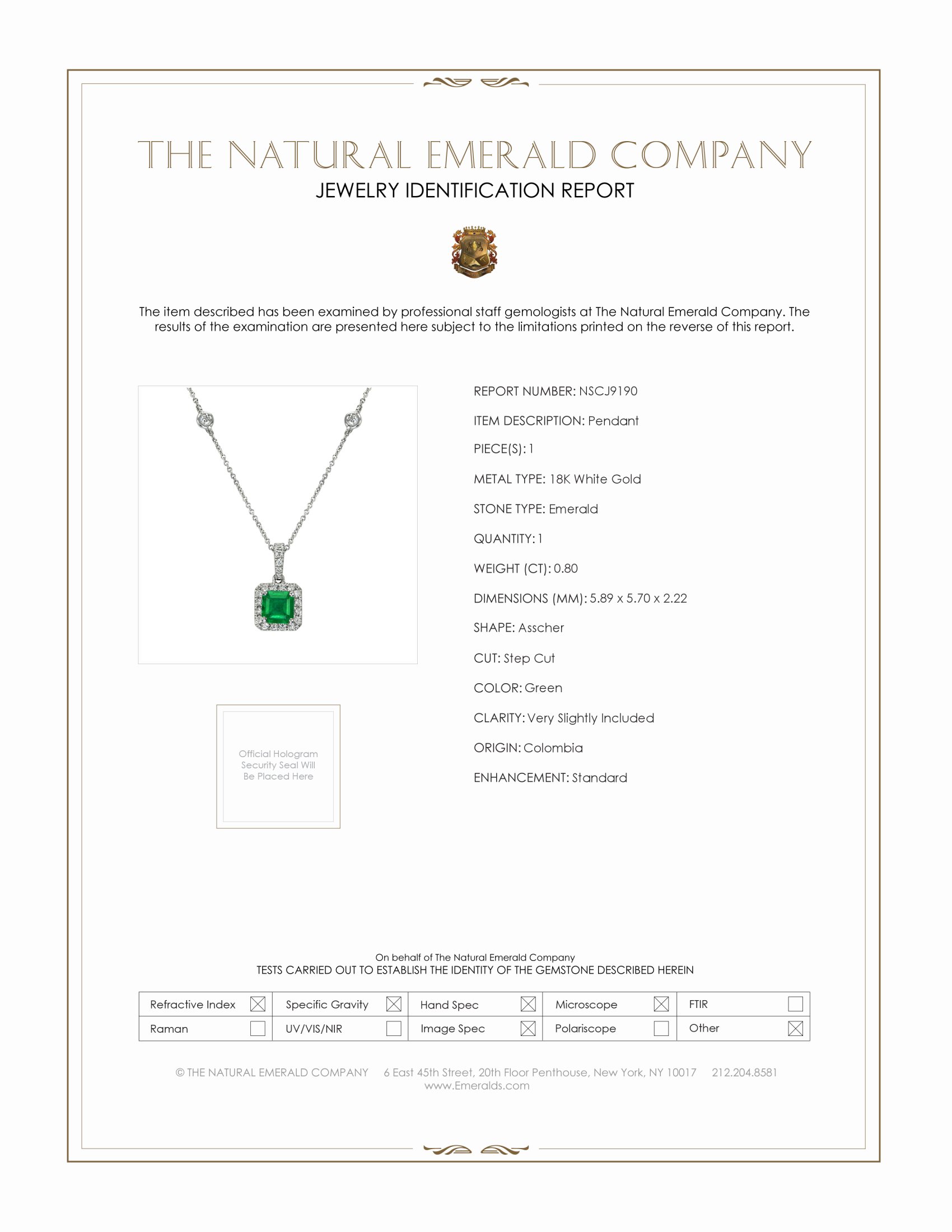 0.80 Ct. Emerald and Natural Diamond Pave Pendant, 18K White Gold