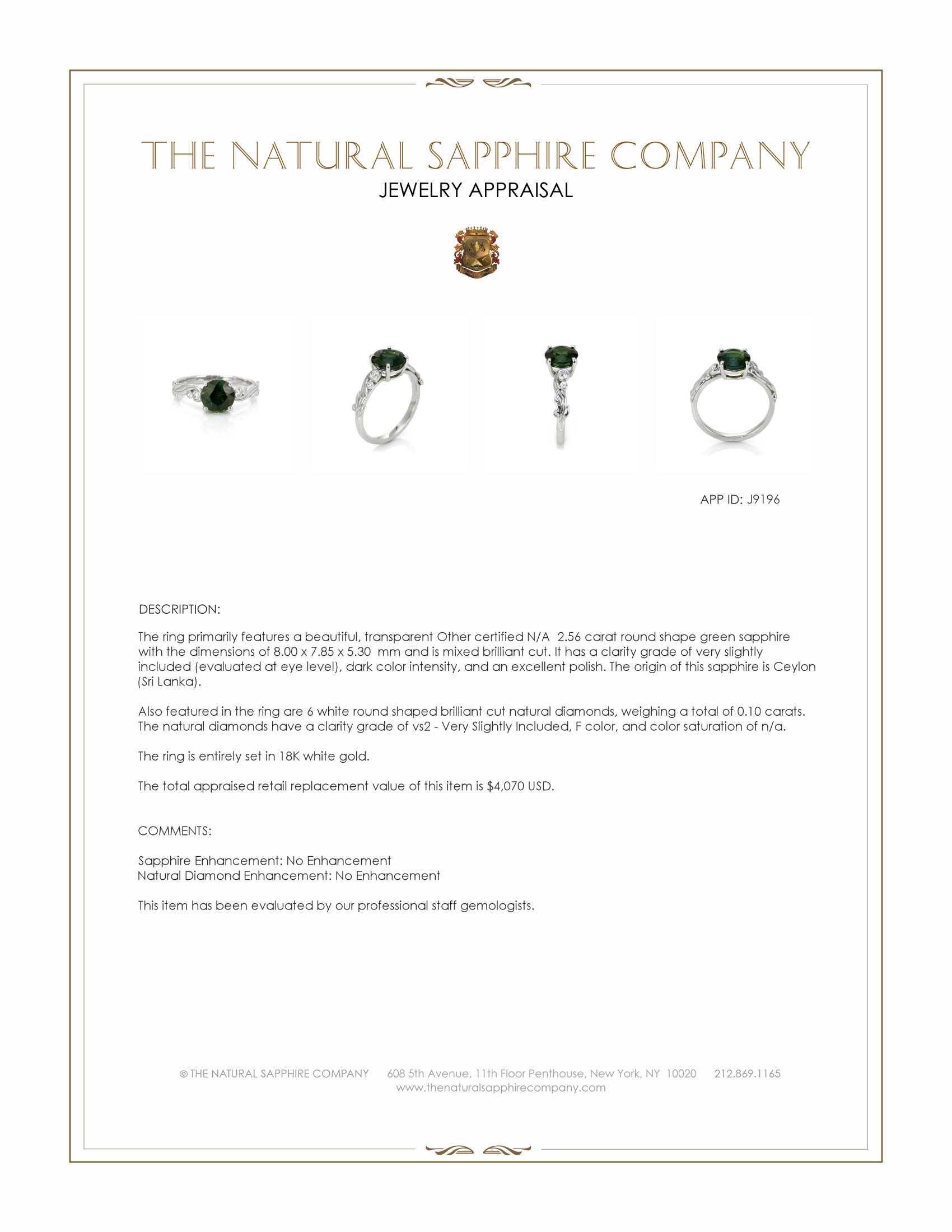 2.56 Ct. Green Sapphire and Natural Diamond Floral Ring, 18K White Gold