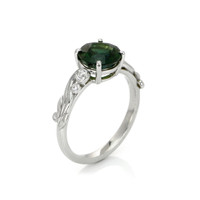 2.56 Ct. Green Sapphire and Natural Diamond Floral Ring, 18K White Gold Image