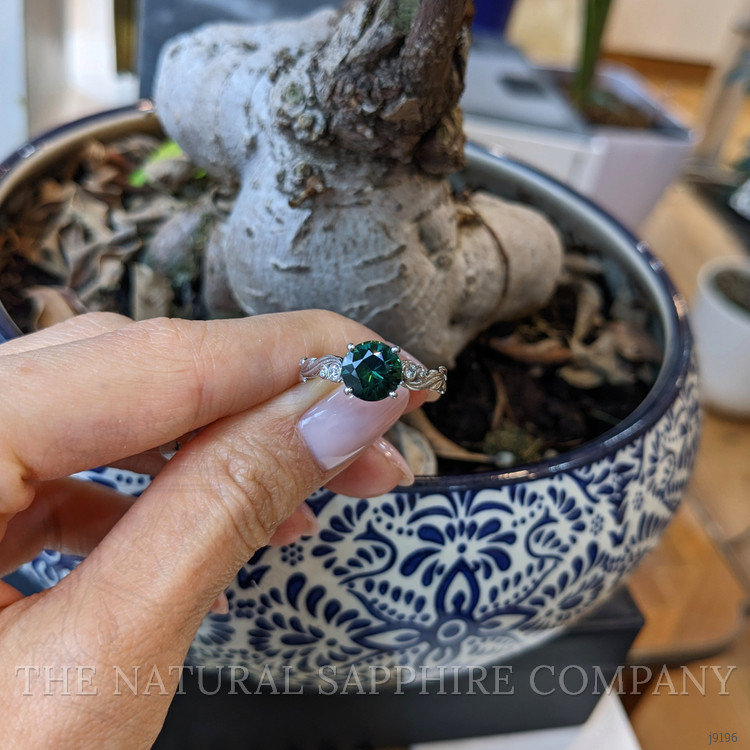 2.56 Ct. Green Sapphire and Natural Diamond Floral Ring, 18K White Gold