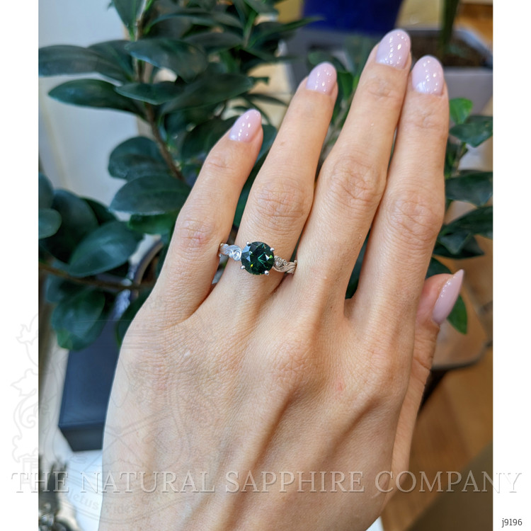 2.56 Ct. Green Sapphire and Natural Diamond Floral Ring, 18K White Gold