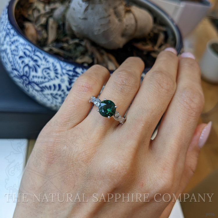 2.56 Ct. Green Sapphire and Natural Diamond Floral Ring, 18K White Gold