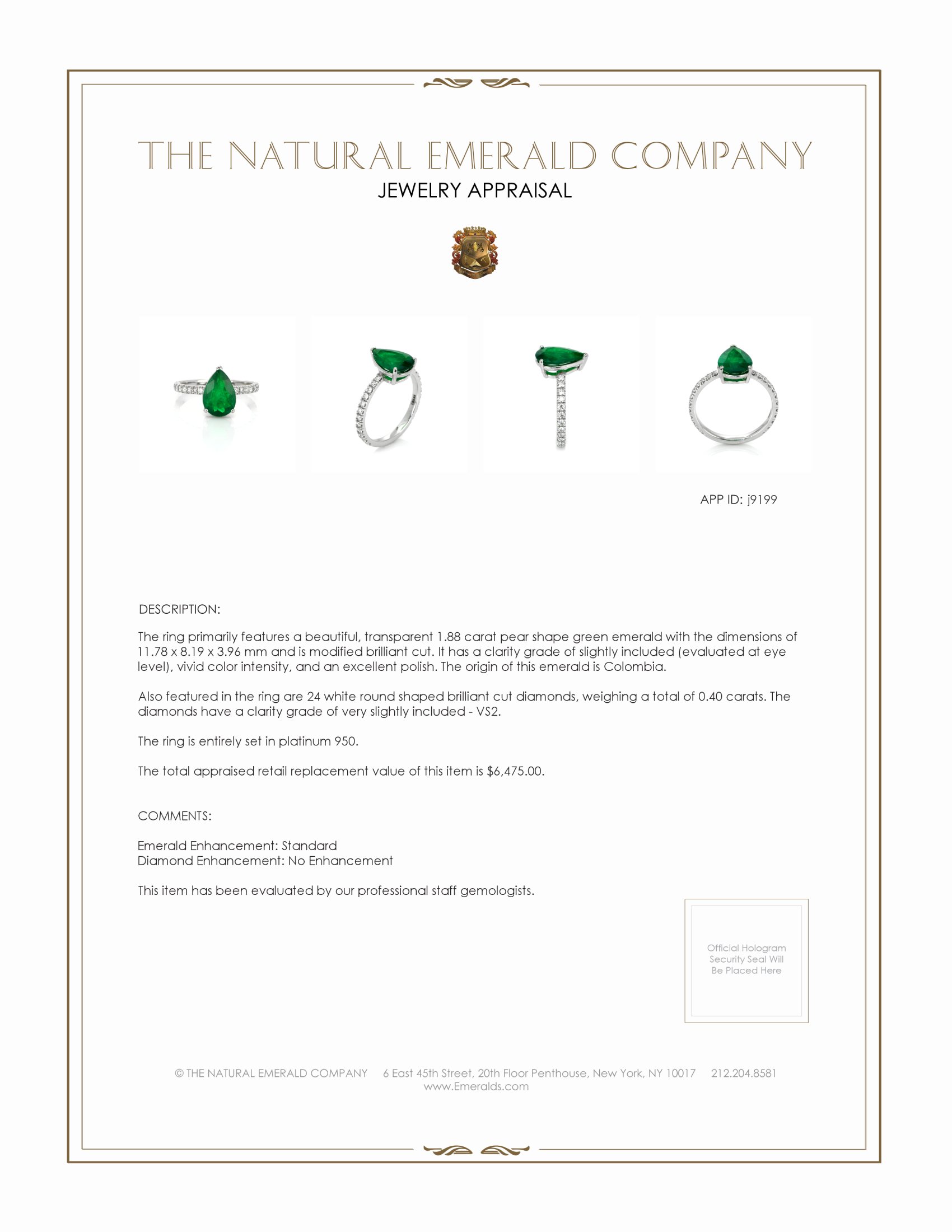 1.88 Ct. Emerald and Natural Diamond Pave Ring, Platinum 950