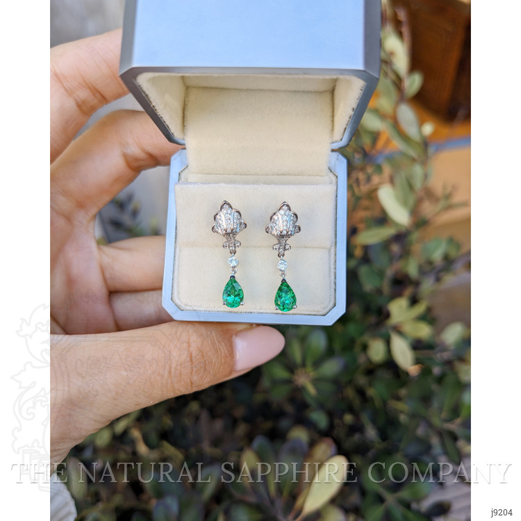 1.30 Ct.Tw. Emerald and Natural Diamond Pave Earrings, 14K White Gold