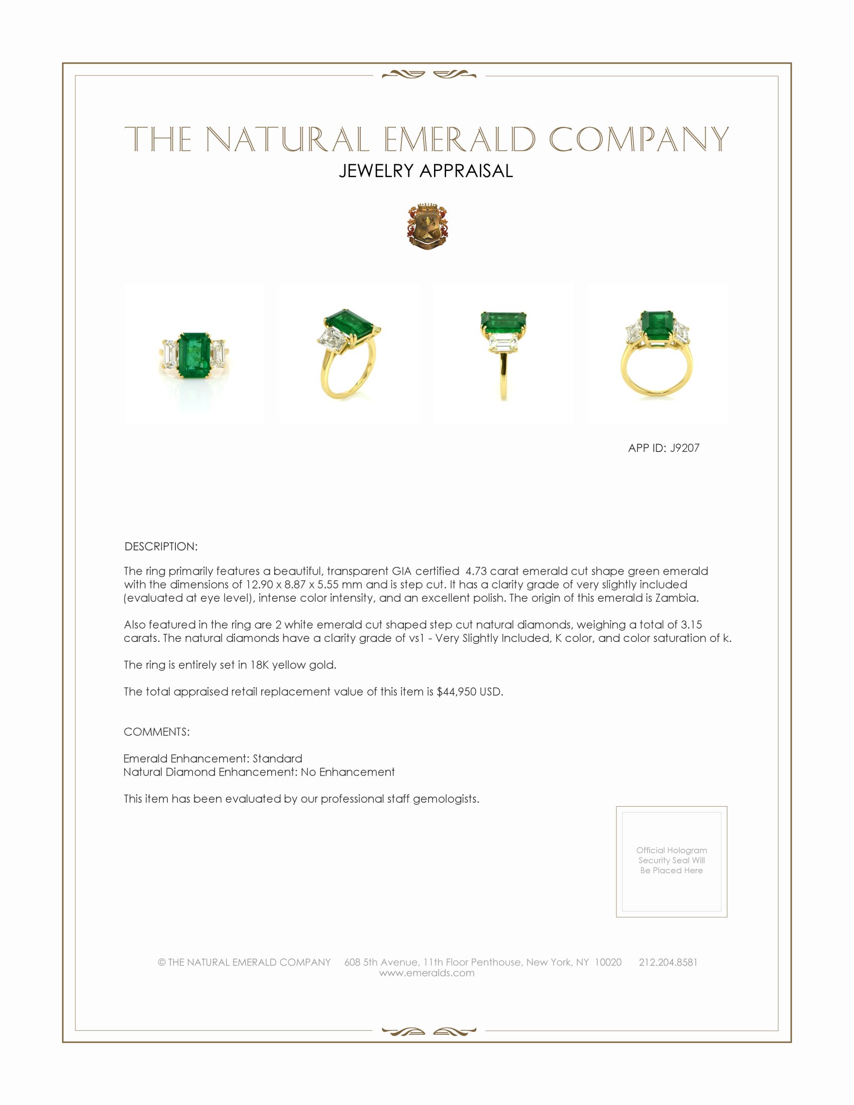 4.73 Ct. Emerald and Natural Diamond Three Stone Ring, 18K Yellow Gold