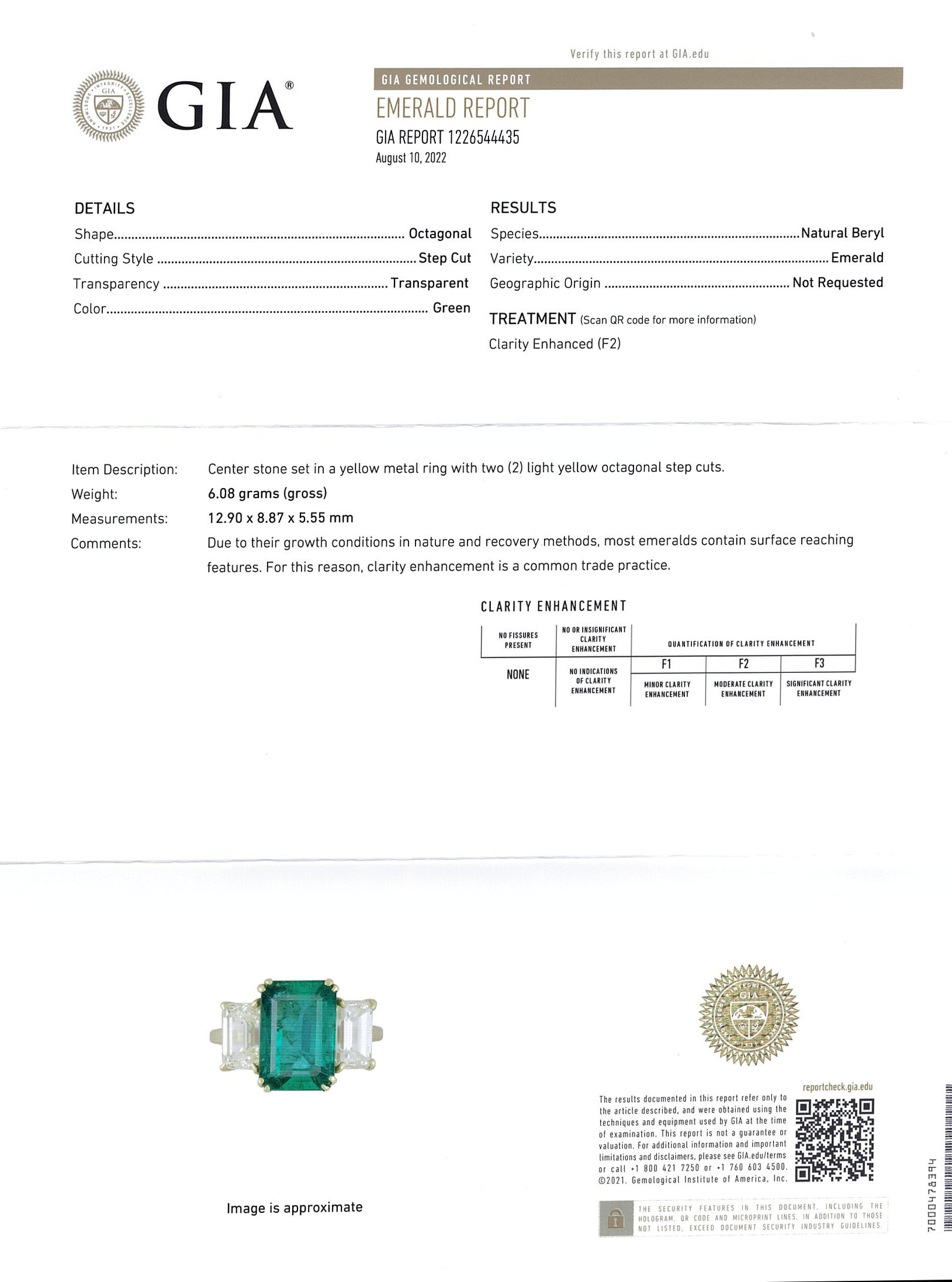 4.73 Ct. Emerald and Natural Diamond Three Stone Ring, 18K Yellow Gold