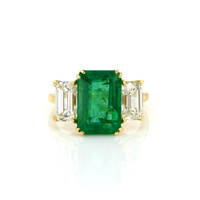 4.73 Ct. Emerald Natural Diamond Three Stone Ring, 18K Yellow Gold Video