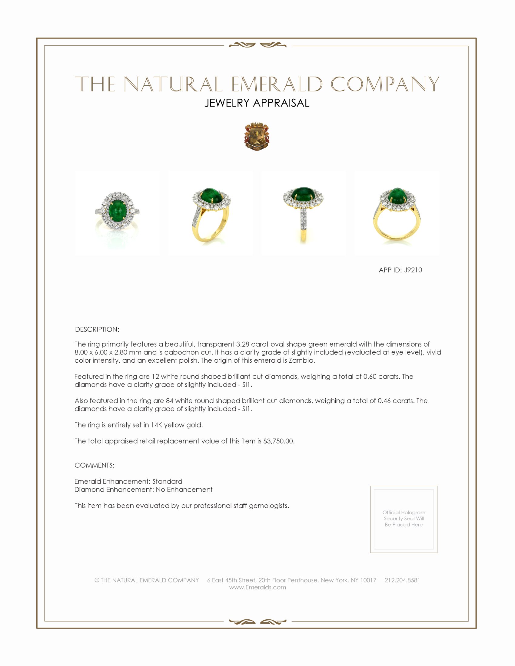 3.28 Ct. Emerald and Natural Diamond Pave Ring, 14K Yellow Gold