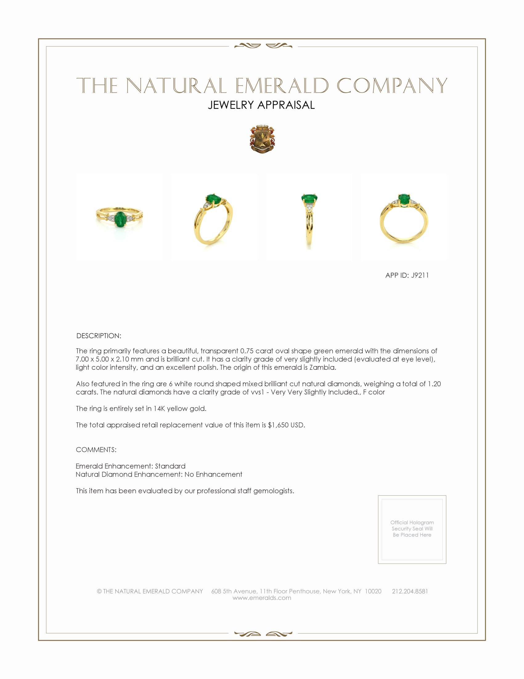 0.75 Ct. Emerald and Natural Diamond Pave Ring, 14K Yellow Gold