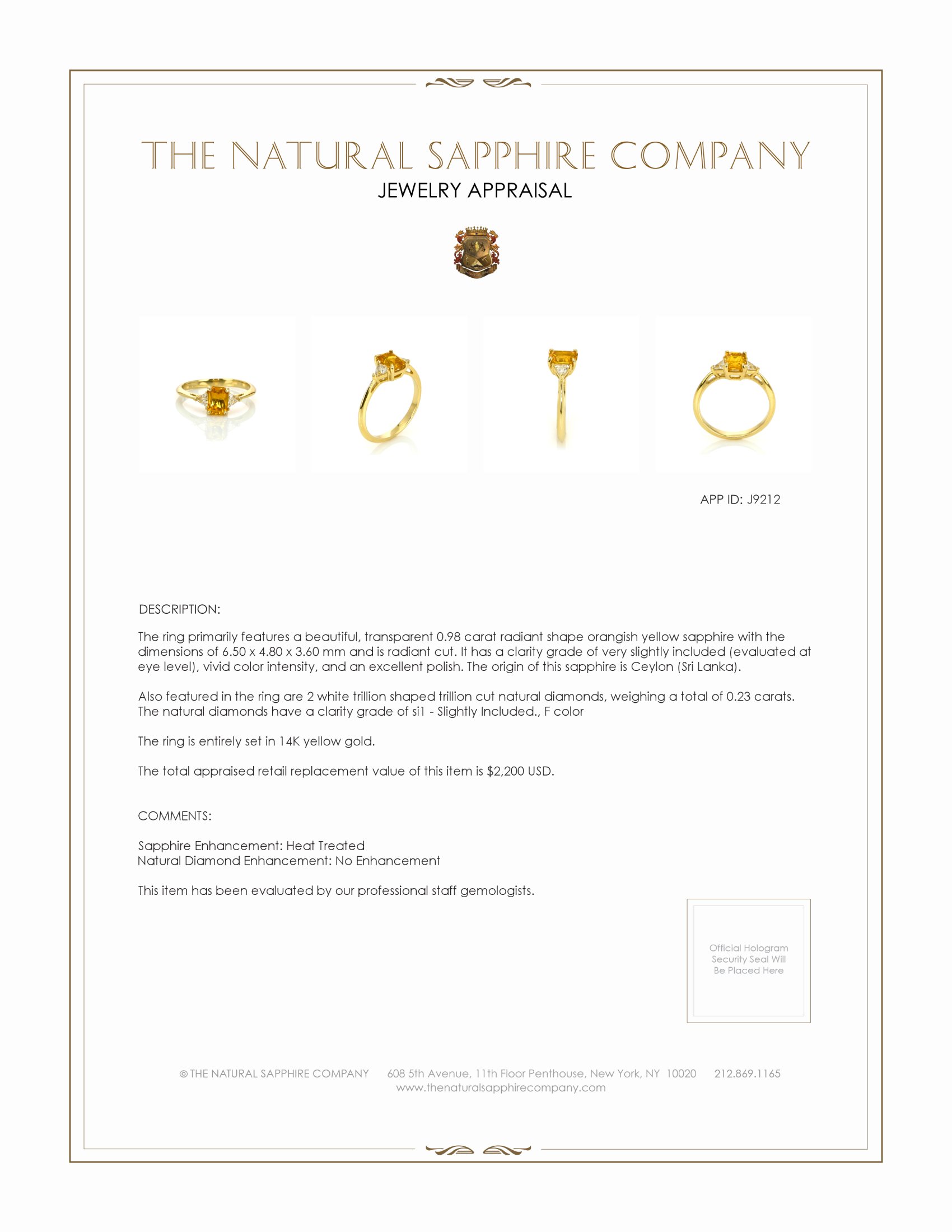 0.98 Ct. Orangish Yellow Sapphire and Natural Diamond Three Stone Ring, 14K Yellow Gold