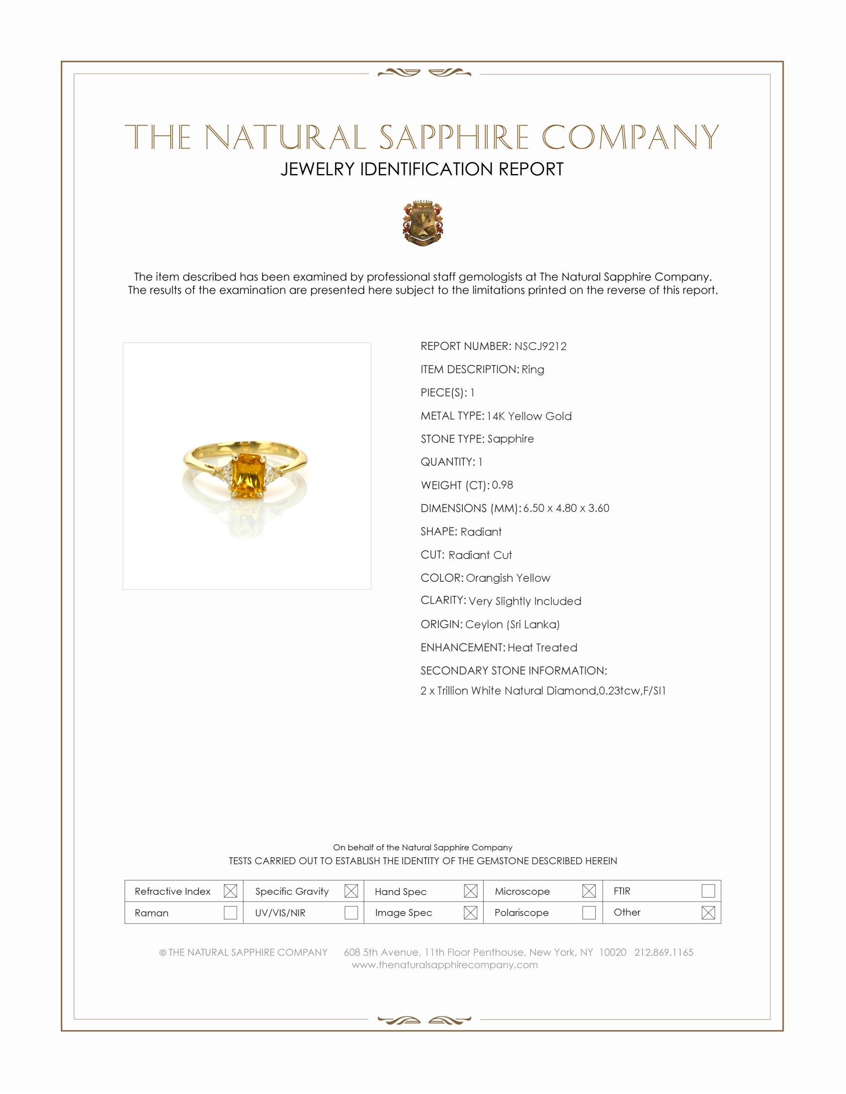 0.98 Ct. Orangish Yellow Sapphire and Natural Diamond Three Stone Ring, 14K Yellow Gold