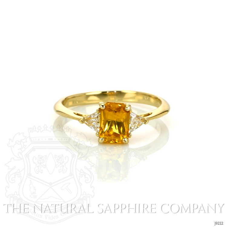 0.98 Ct. Orangish Yellow Sapphire and Natural Diamond Three Stone Ring, 14K Yellow Gold