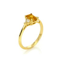 0.98 Ct. Orangish Yellow Sapphire and Natural Diamond Three Stone Ring, 14K Yellow Gold Image