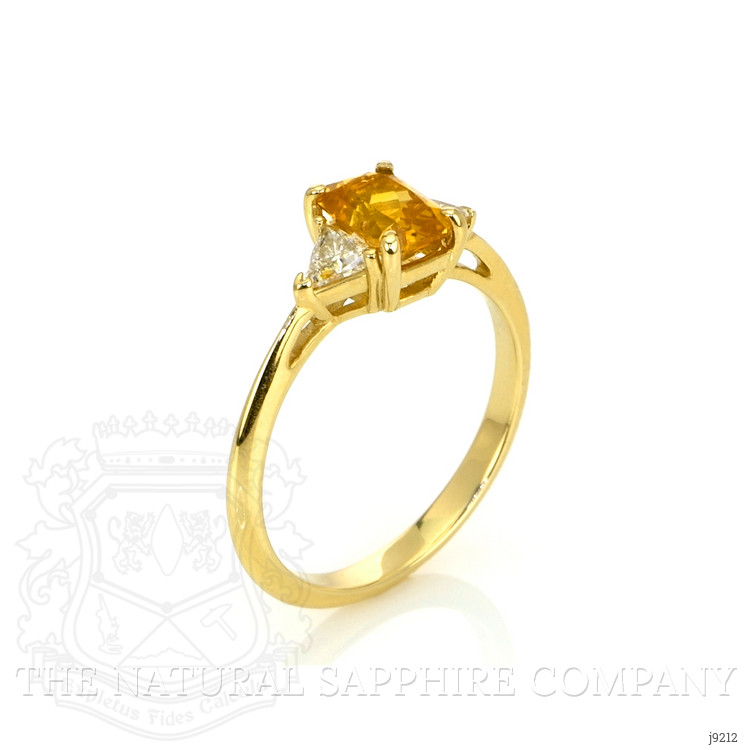 0.98 Ct. Orangish Yellow Sapphire and Natural Diamond Three Stone Ring, 14K Yellow Gold