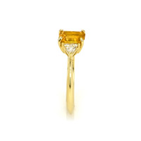 0.98 Ct. Orangish Yellow Sapphire and Natural Diamond Three Stone Ring, 14K Yellow Gold Image