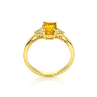 0.98 Ct. Orangish Yellow Sapphire and Natural Diamond Three Stone Ring, 14K Yellow Gold Image