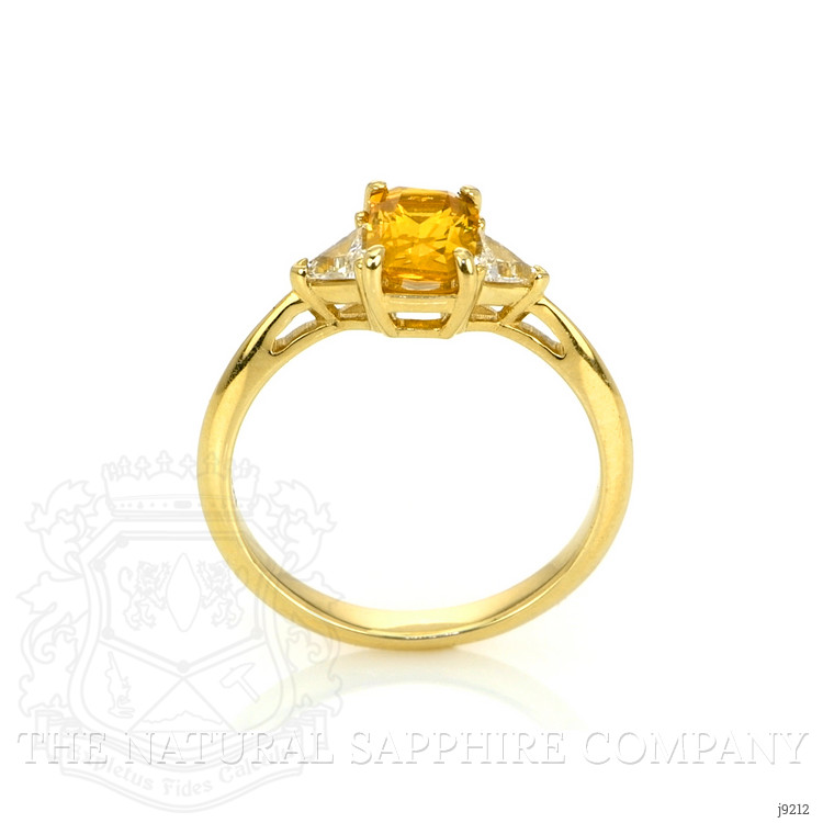0.98 Ct. Orangish Yellow Sapphire and Natural Diamond Three Stone Ring, 14K Yellow Gold