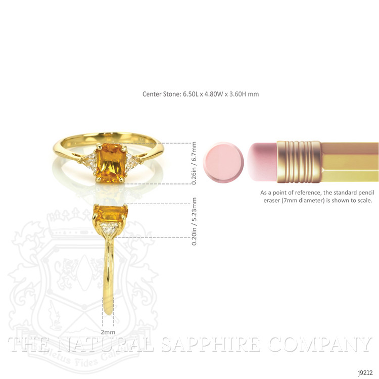 0.98 Ct. Orangish Yellow Sapphire and Natural Diamond Three Stone Ring, 14K Yellow Gold
