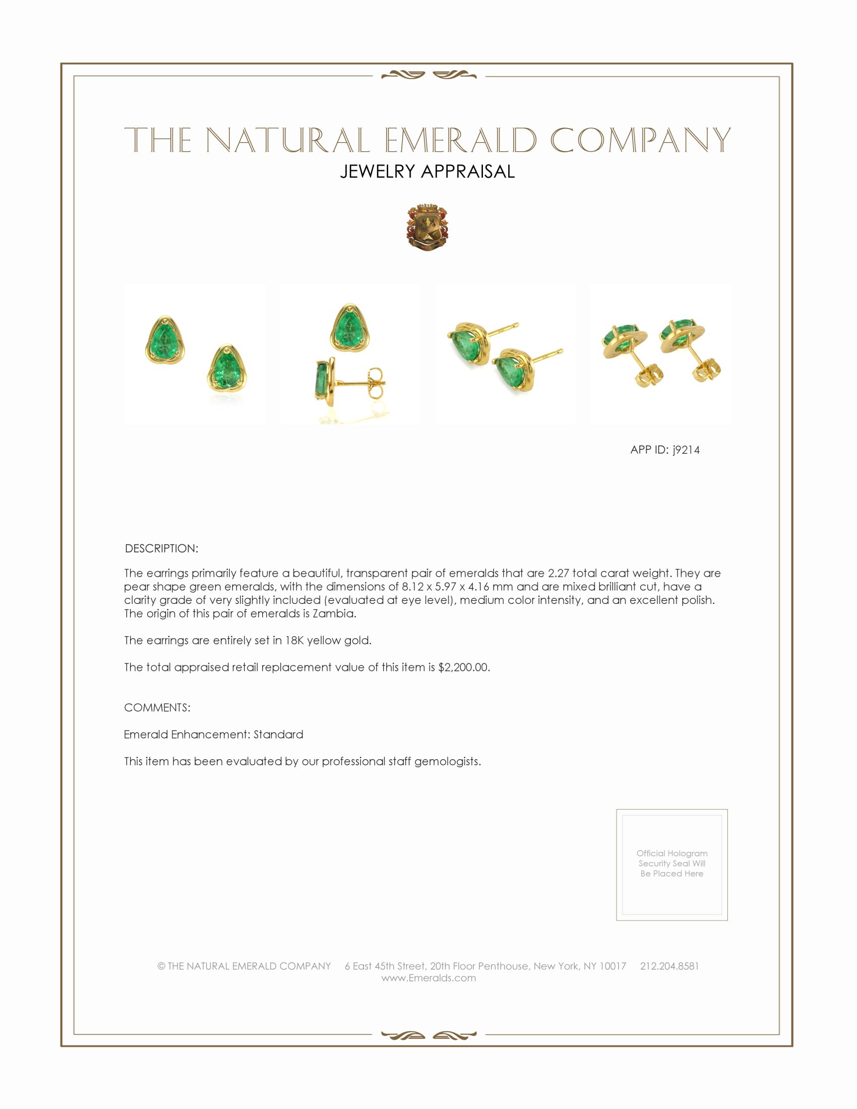 2.27 Ct.Tw. Emerald Studs Earrings, 18K Yellow Gold