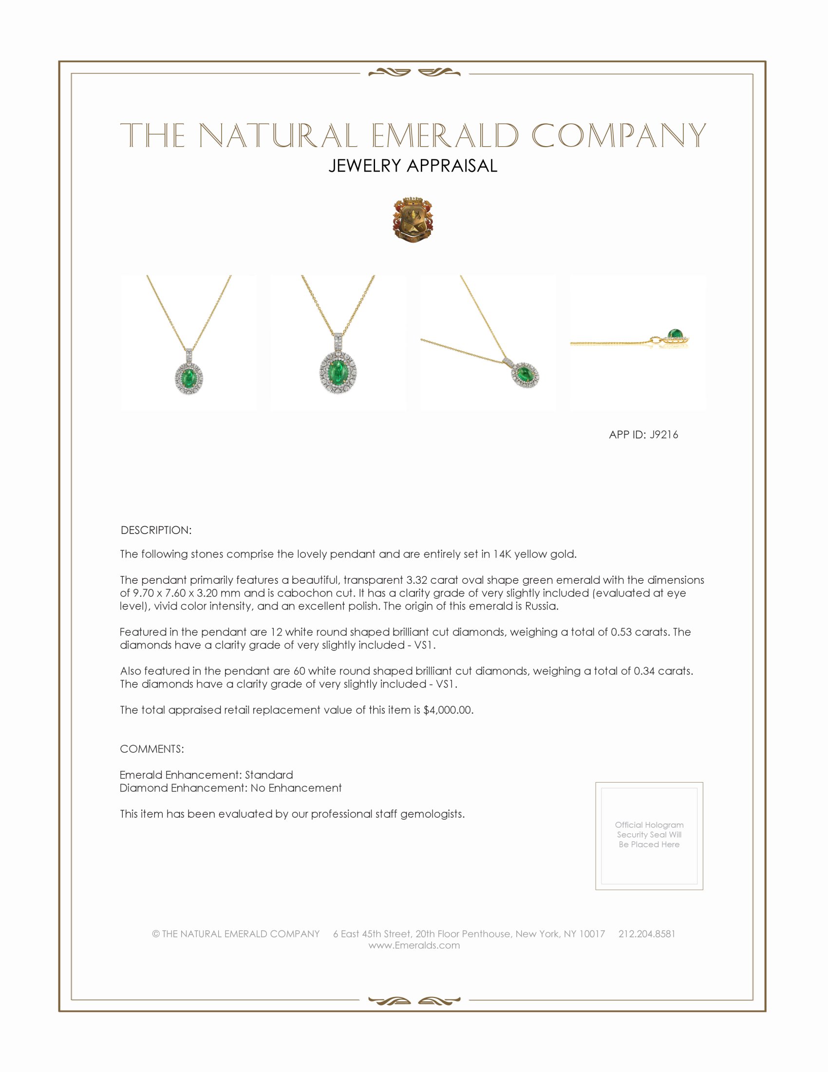 3.32 Ct. Emerald and Natural Diamond Pave Pendant, 14K Yellow Gold