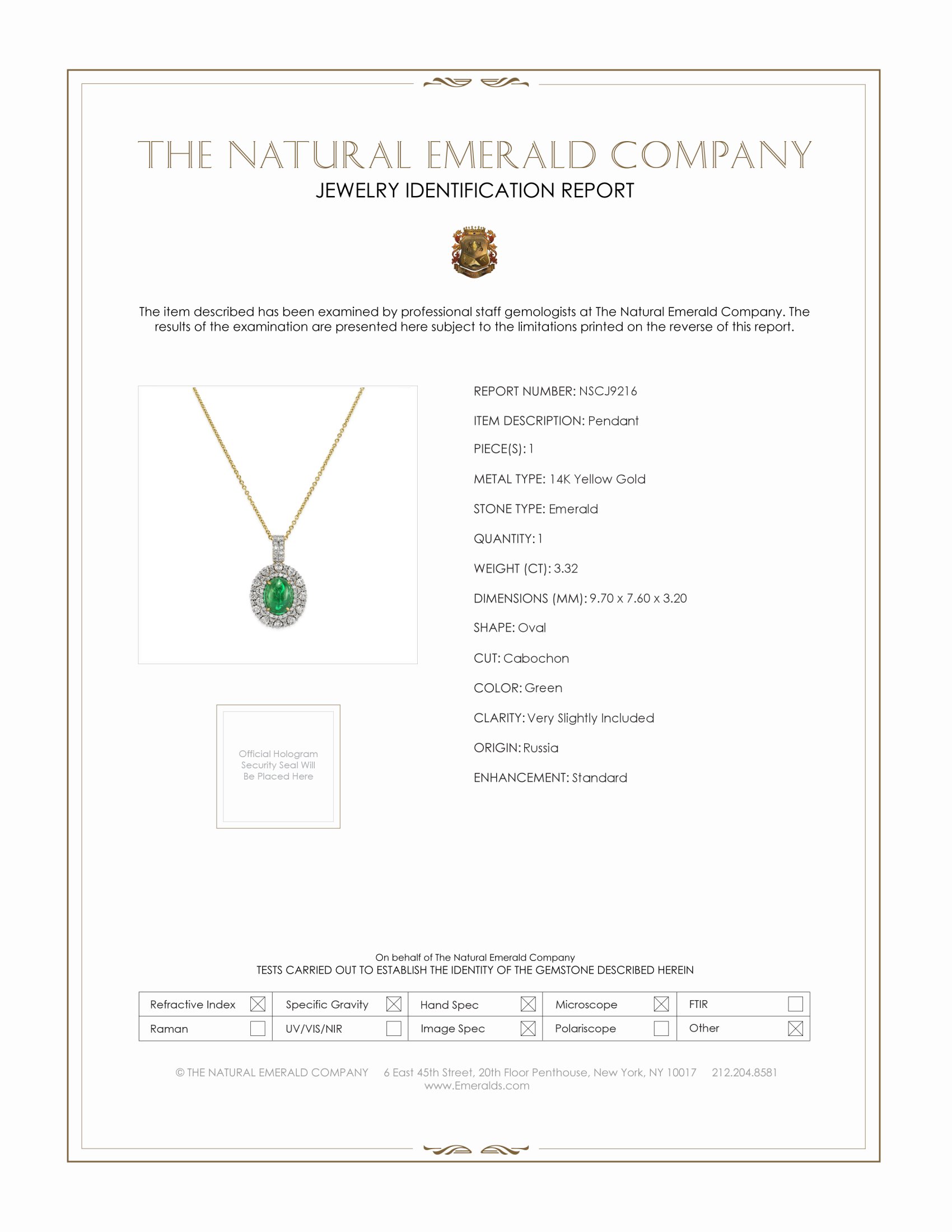 3.32 Ct. Emerald and Natural Diamond Pave Pendant, 14K Yellow Gold