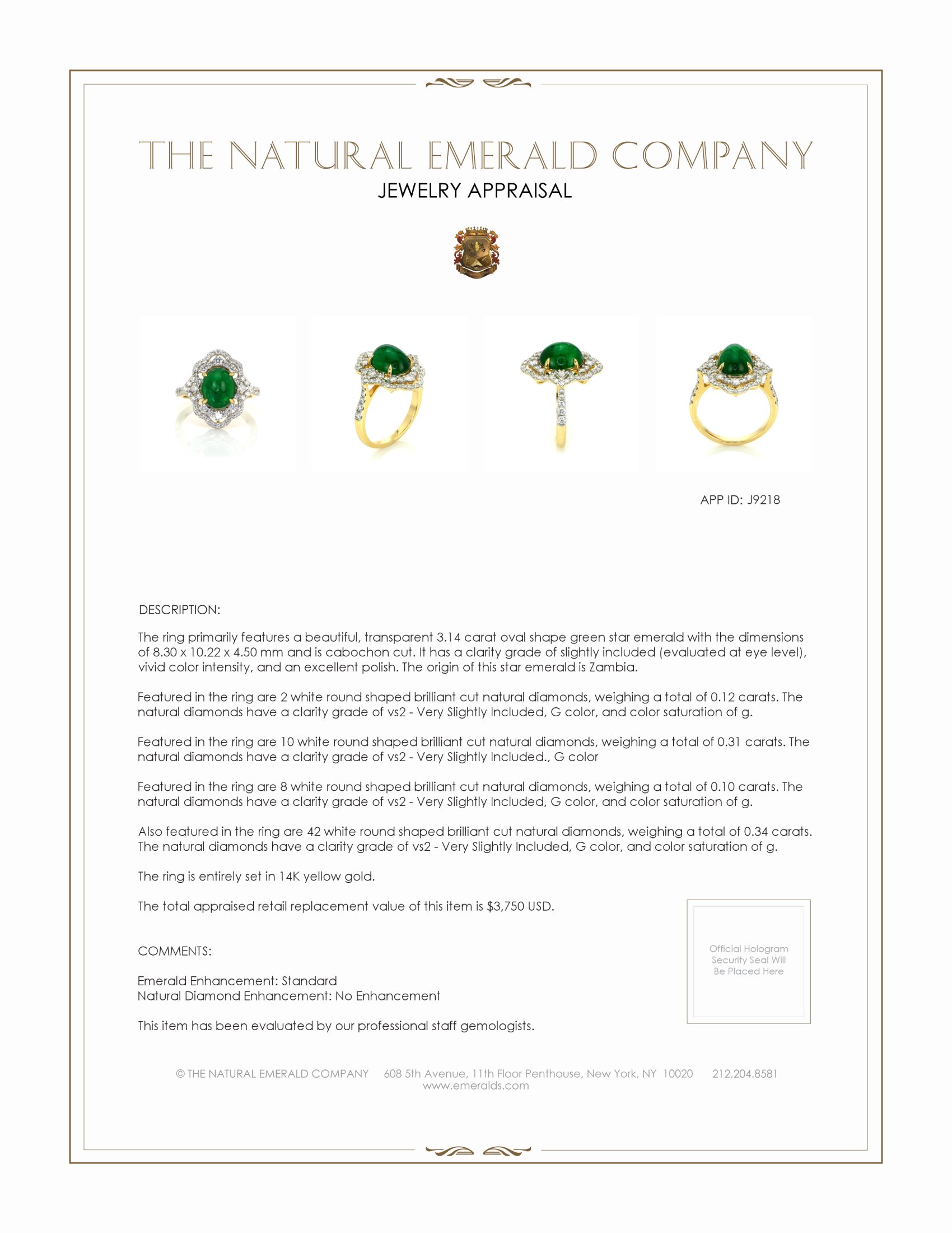 3.14 Ct. Emerald and Natural Diamond Pave Ring, 14K Yellow Gold