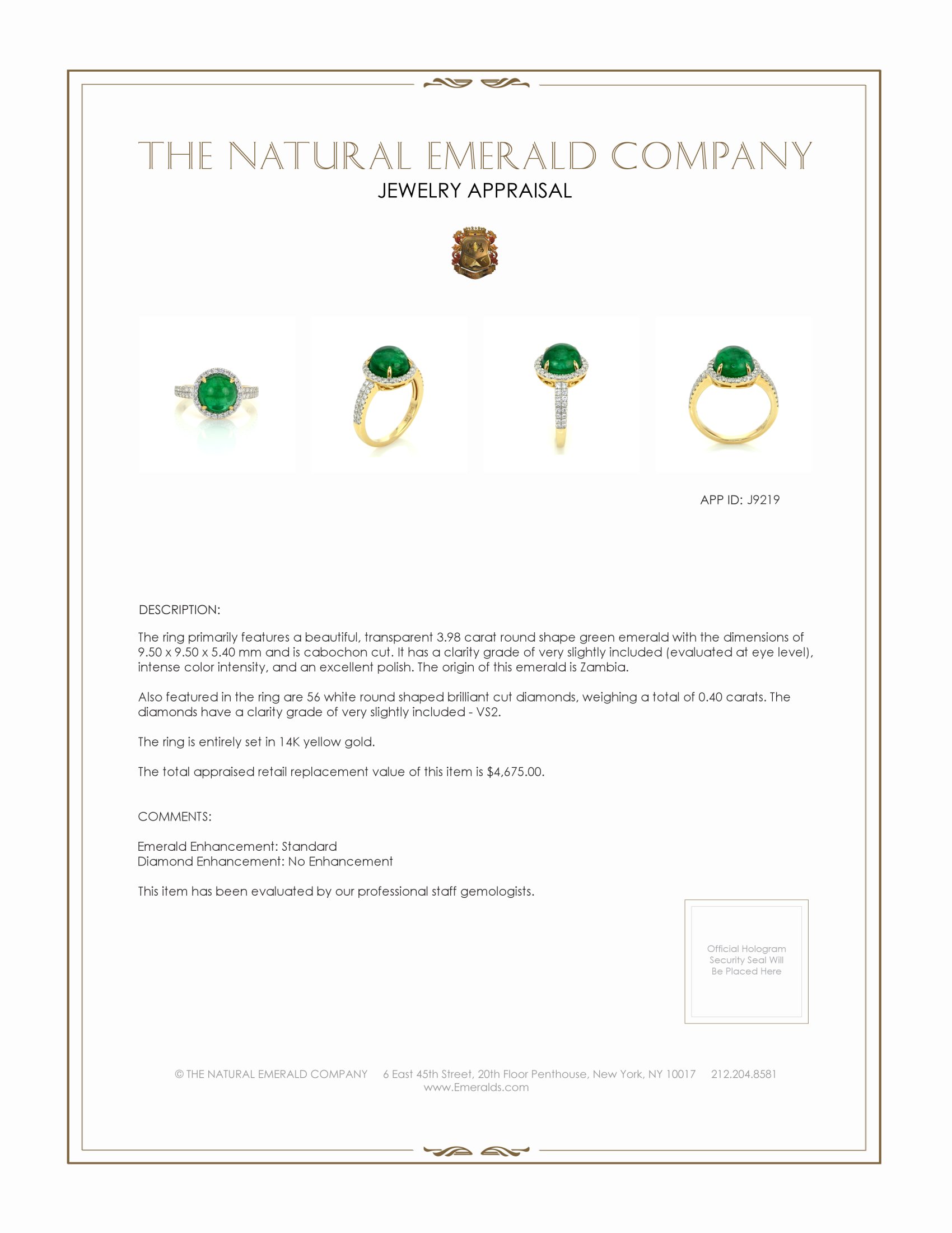 3.98 Ct. Emerald and Natural Diamond Pave Ring, 14K Yellow Gold
