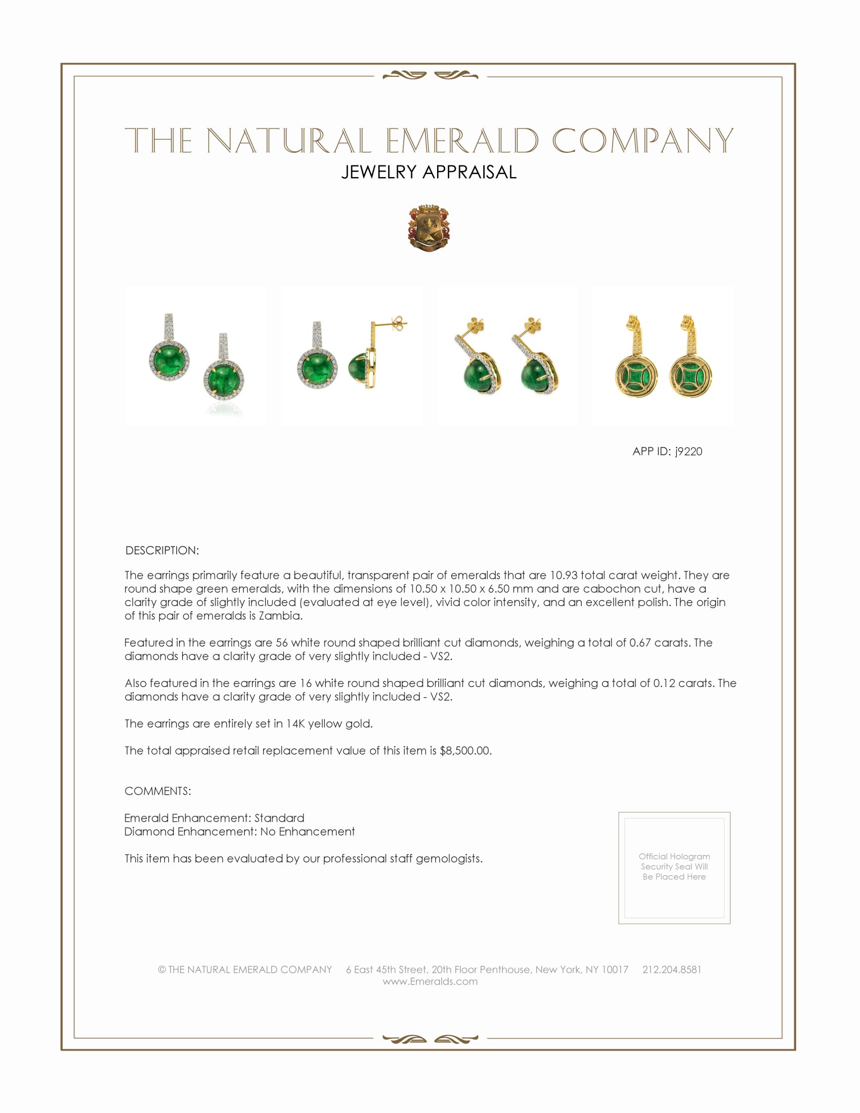 10.93 Ct.Tw. Emerald Natural Diamond Pave Earrings, 14K Yellow Gold
